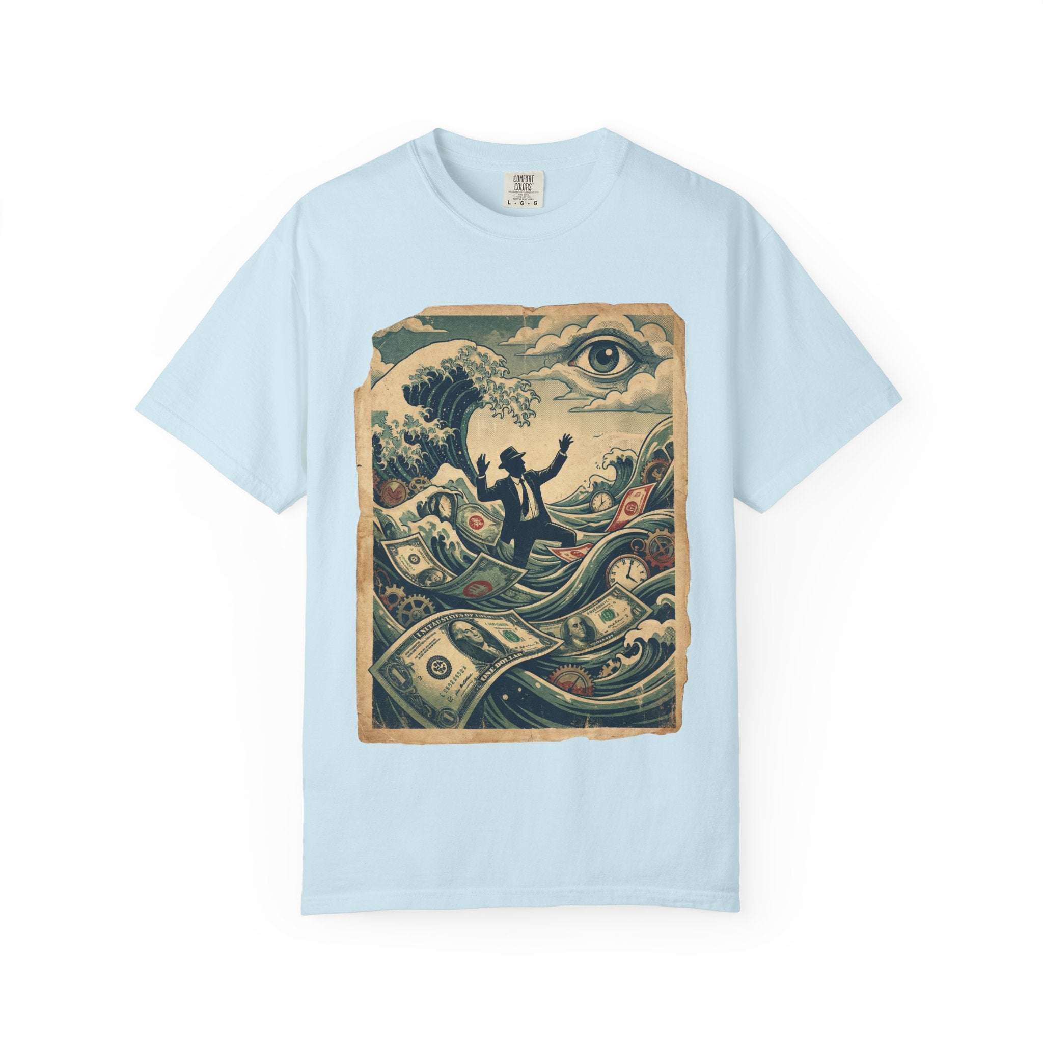 Vintage Dystopian Debt Shirt, All-Seeing Eye Surreal Art Tee, Corporate Overload Graphic, Dark Academia Aesthetic, Gift for Economists, Philosophy Satire Unisex T-Shirt Chambray