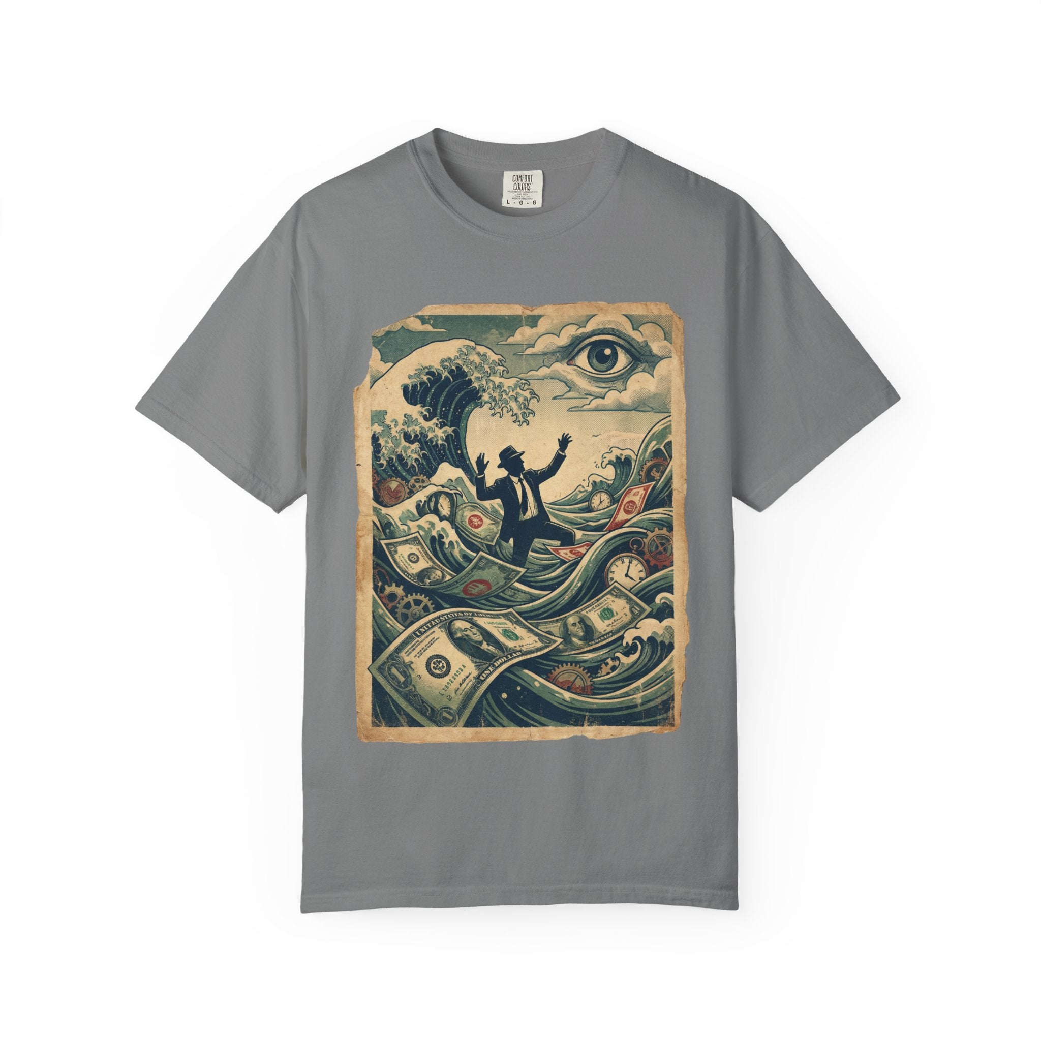Vintage Dystopian Debt Shirt, All-Seeing Eye Surreal Art Tee, Corporate Overload Graphic, Dark Academia Aesthetic, Gift for Economists, Philosophy Satire Unisex T-Shirt Grey