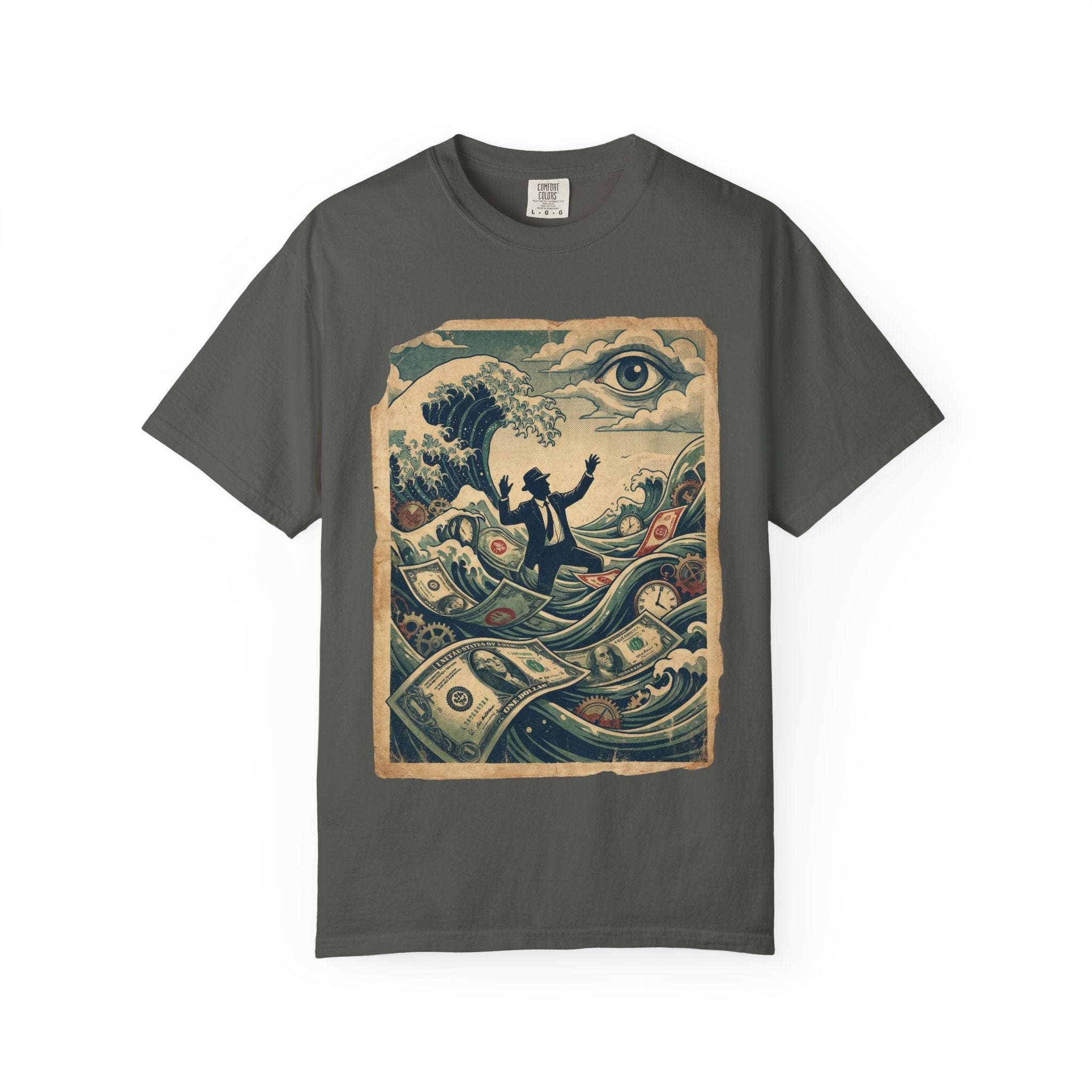 Vintage Dystopian Debt Shirt, All-Seeing Eye Surreal Art Tee, Corporate Overload Graphic, Dark Academia Aesthetic, Gift for Economists, Philosophy Satire Unisex T-Shirt Pepper