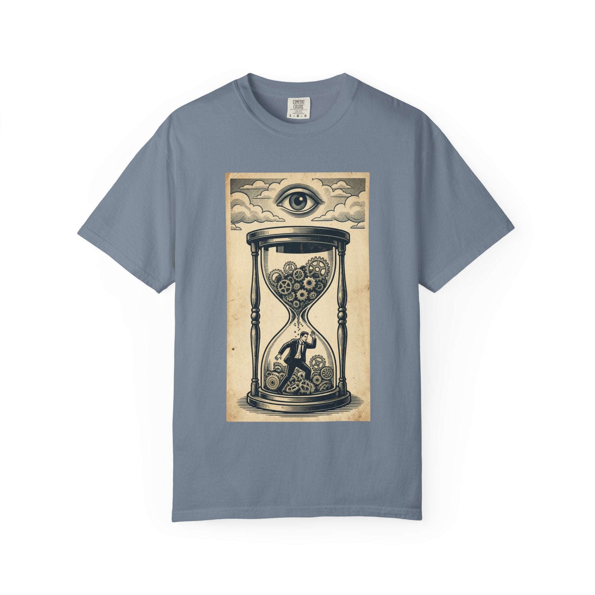 Vintage Dystopian Surrealism Shirt, All Seeing Eye Retro Graphic Tee, Dark Academia Clothing, Steampunk Gear T-Shirt, Gift for Philosophy Lovers, Oversized Unisex Corporate Satire Apparel Blue Jean