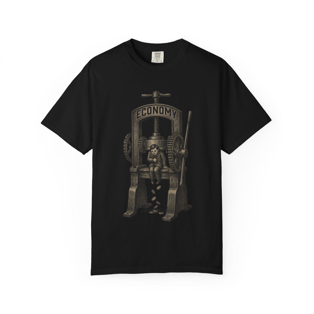 Vintage "ECONOMY" Press T-Shirt | Retro Industrial Satire Graphic Tee | Hand-Drawn Woodcut Style Socio-Economic Statement Shirt Black