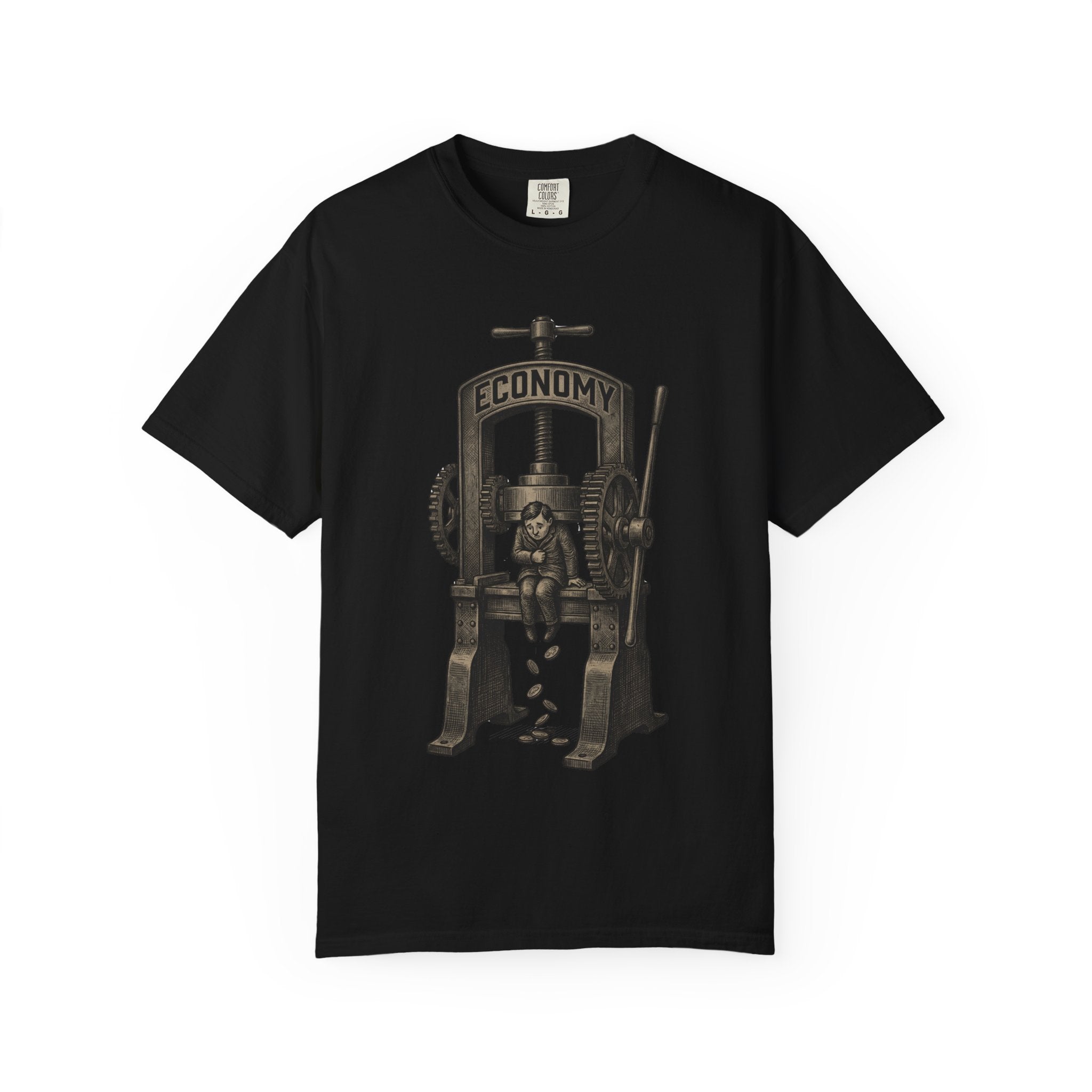 Vintage "ECONOMY" Press T-Shirt | Retro Industrial Satire Graphic Tee | Hand-Drawn Woodcut Style Socio-Economic Statement Shirt Black