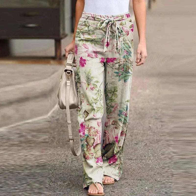 Vintage Floral Wide Leg Pants for Women – Casual Spring and Autumn Pantalones
