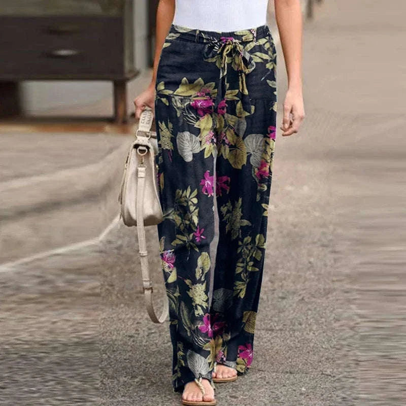 Vintage Floral Wide Leg Pants for Women – Casual Spring and Autumn Pantalones