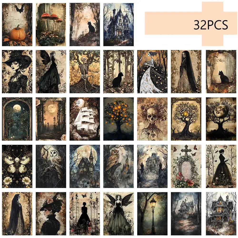 Vintage Halloween Postcard Set – 32 Pieces with Skulls, Wolves & More, Perfect for Gifts & Collecting