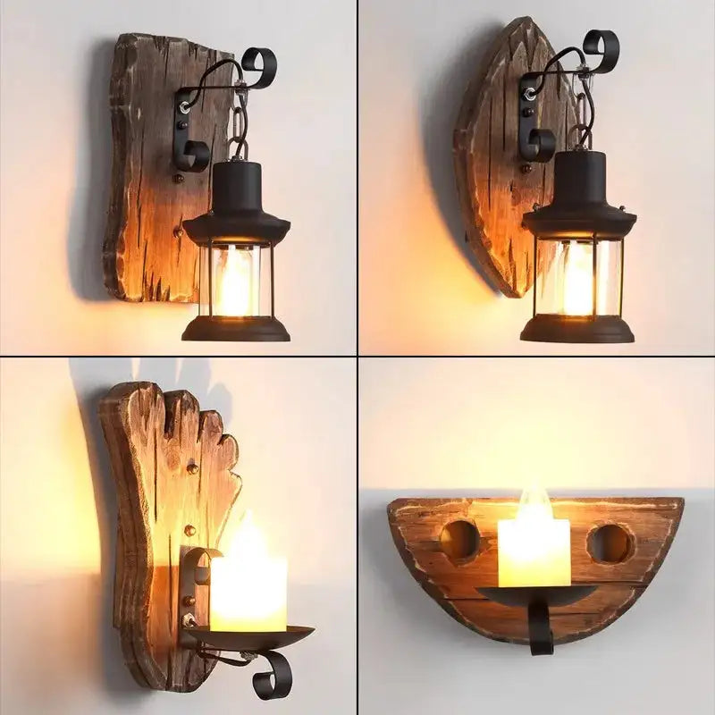 Vintage Industrial Wooden Wall Lamp – Rustic LED Sconce with Wood, Iron, and Glass – Perfect for Home, Cafe, Bar & Bedroom Decor