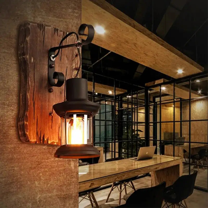 Vintage Industrial Wooden Wall Lamp – Rustic LED Sconce with Wood, Iron, and Glass – Perfect for Home, Cafe, Bar & Bedroom Decor