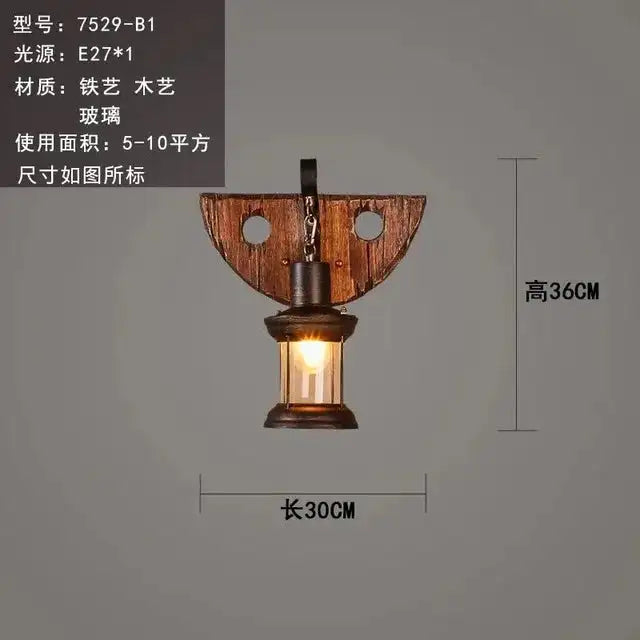 Vintage Industrial Wooden Wall Lamp – Rustic LED Sconce with Wood, Iron, and Glass – Perfect for Home, Cafe, Bar & Bedroom Decor sku5
