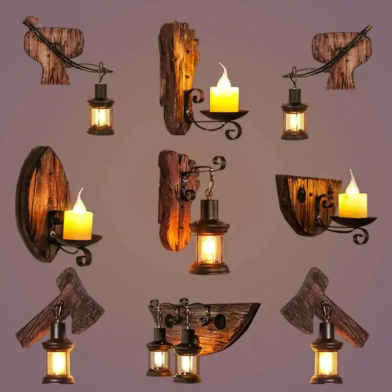 Vintage Industrial Wooden Wall Lamp – Rustic LED Sconce with Wood, Iron, and Glass – Perfect for Home, Cafe, Bar & Bedroom Decor