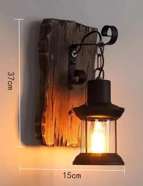 Vintage Industrial Wooden Wall Lamp – Rustic LED Sconce with Wood, Iron, and Glass – Perfect for Home, Cafe, Bar & Bedroom Decor