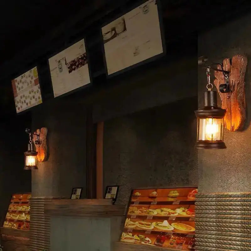 Vintage Industrial Wooden Wall Lamp – Rustic LED Sconce with Wood, Iron, and Glass – Perfect for Home, Cafe, Bar & Bedroom Decor