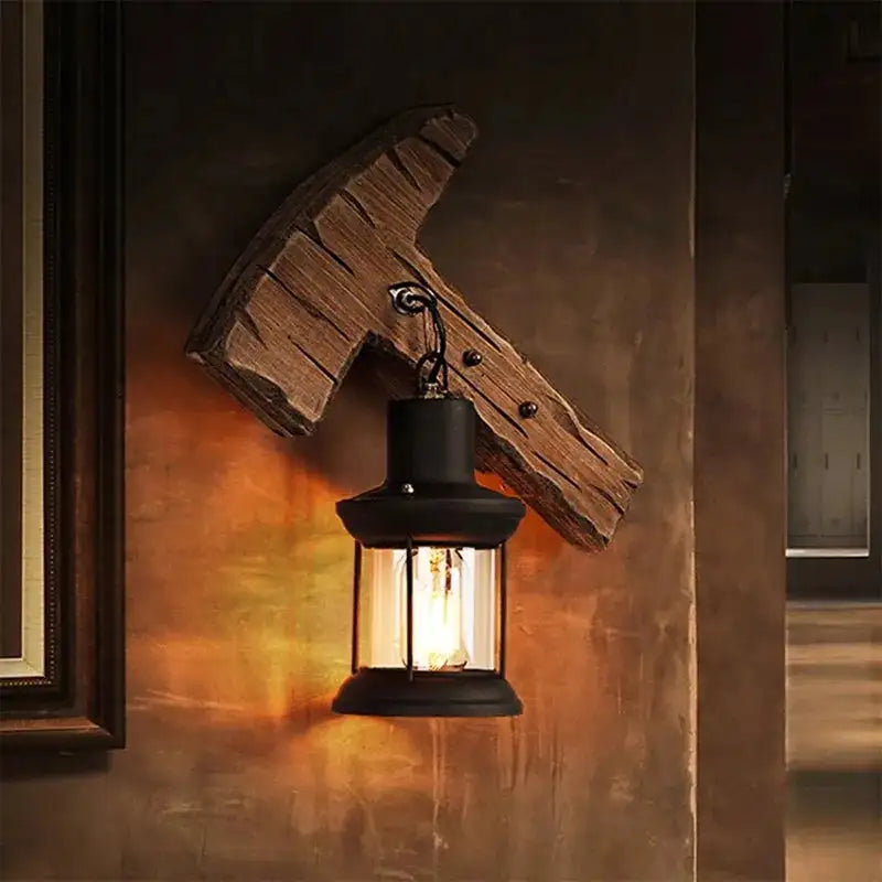 Vintage Industrial Wooden Wall Lamp – Rustic LED Sconce with Wood, Iron, and Glass – Perfect for Home, Cafe, Bar & Bedroom Decor