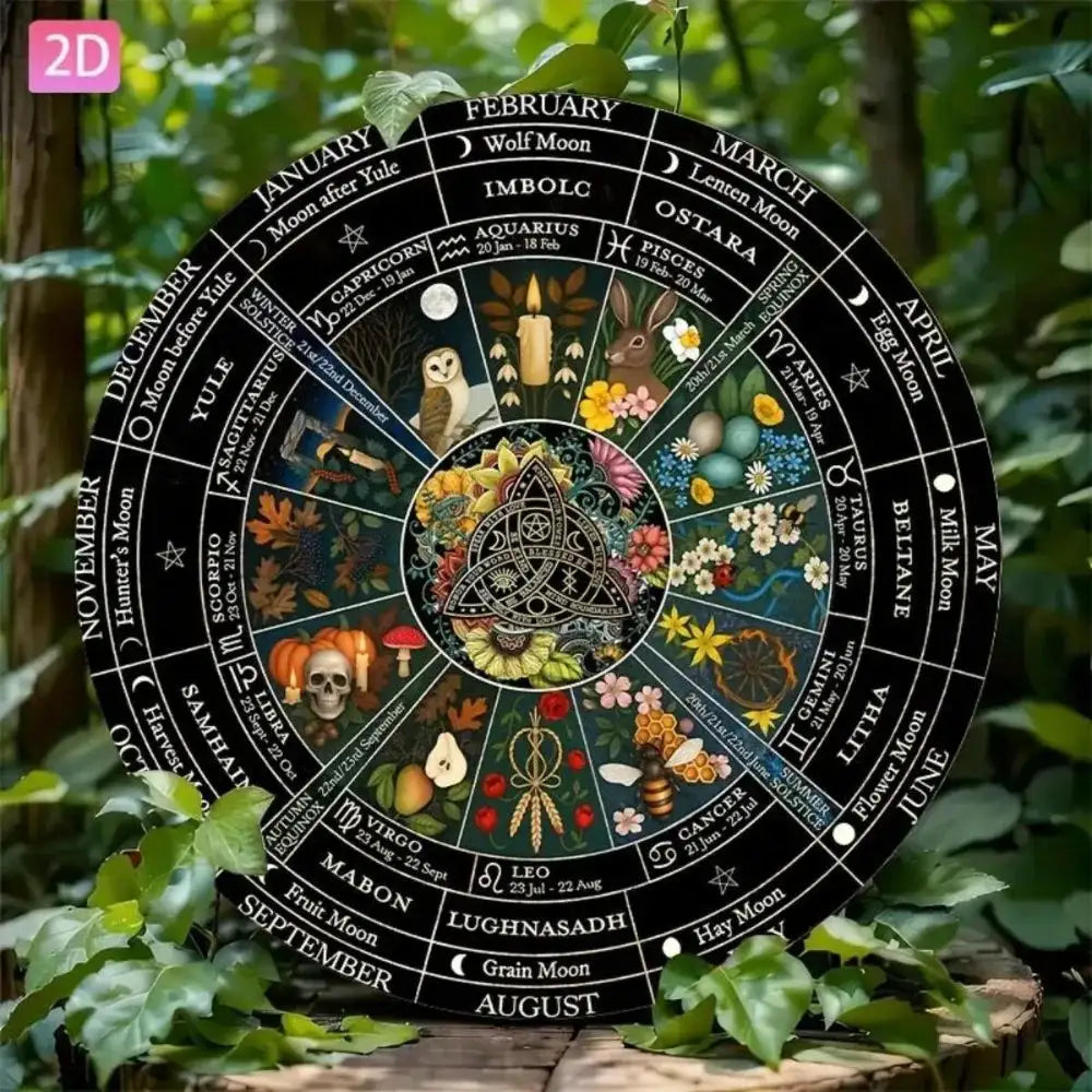 Vintage Metal Pagan Calendar Wheel – Wiccan Samhain Wall Decor with Pre-Drilled Holes for Home and Garden Sacred Spaces