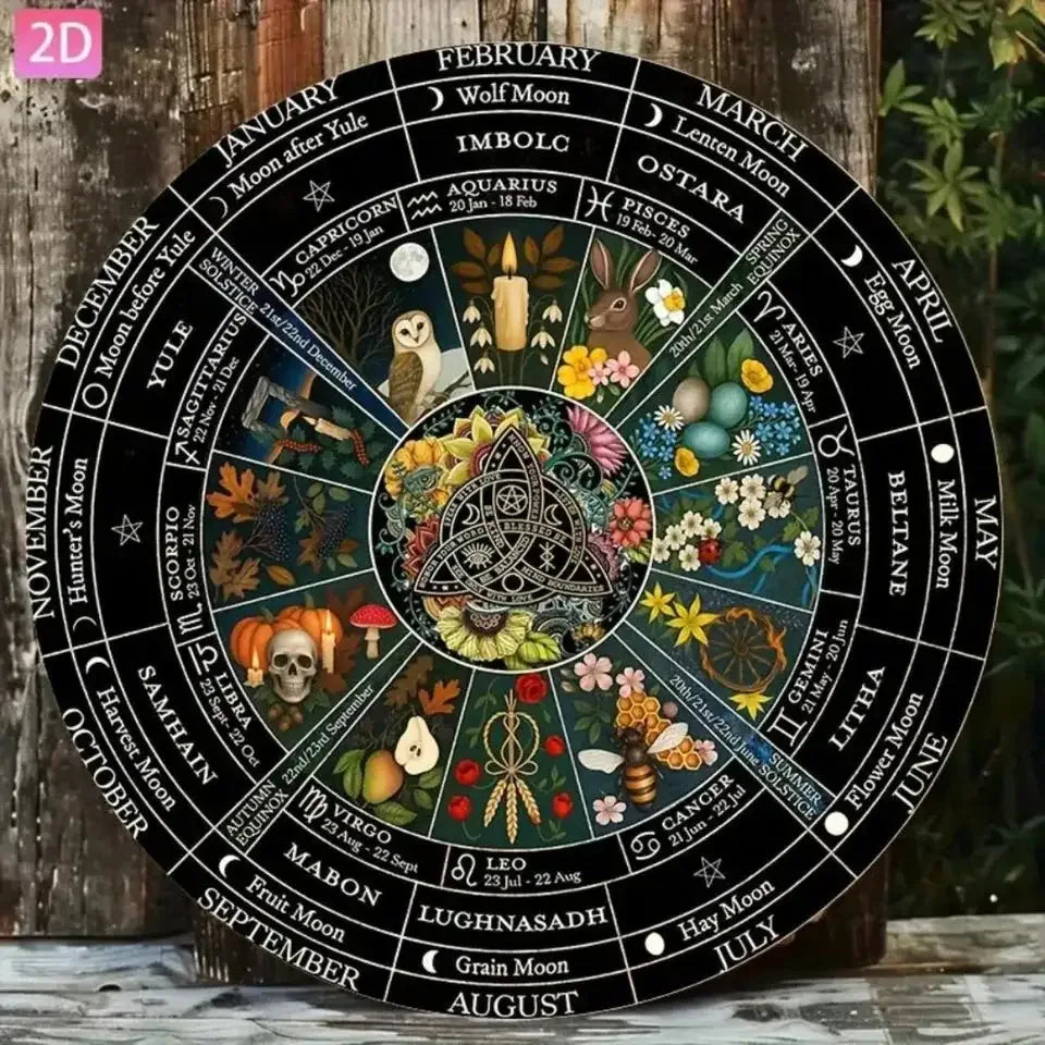 Vintage Metal Pagan Calendar Wheel – Wiccan Samhain Wall Decor with Pre-Drilled Holes for Home and Garden Sacred Spaces