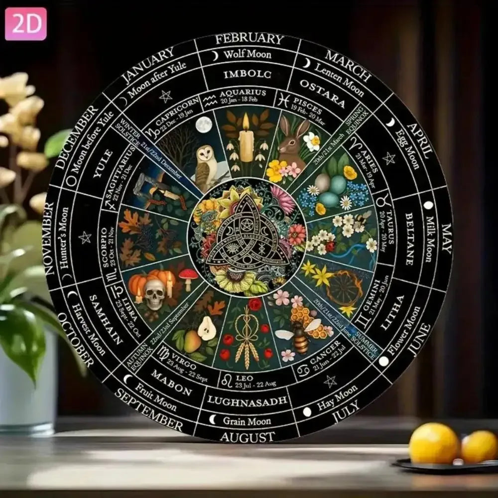 Vintage Metal Pagan Calendar Wheel – Wiccan Samhain Wall Decor with Pre-Drilled Holes for Home and Garden Sacred Spaces
