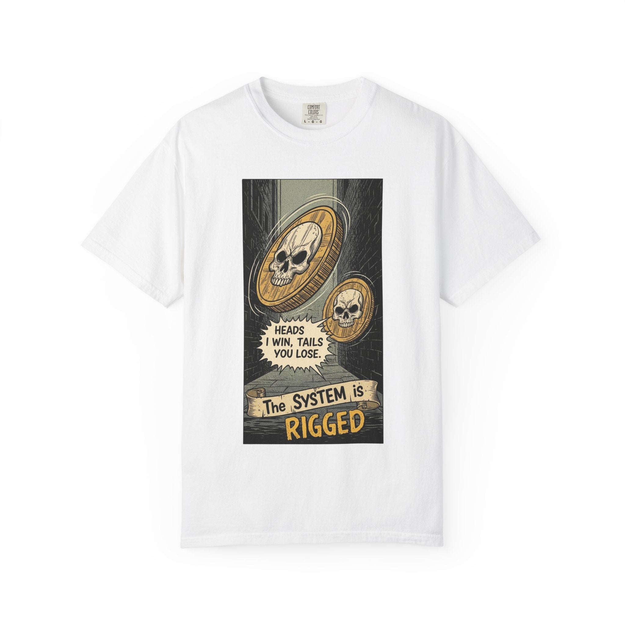 Vintage Satirical T-Shirt | Political Theater & Rigged System Retro Comic Tee | Sarcastic Dark Humor Shirt | Unisex Premium Cotton Graphic Tee White