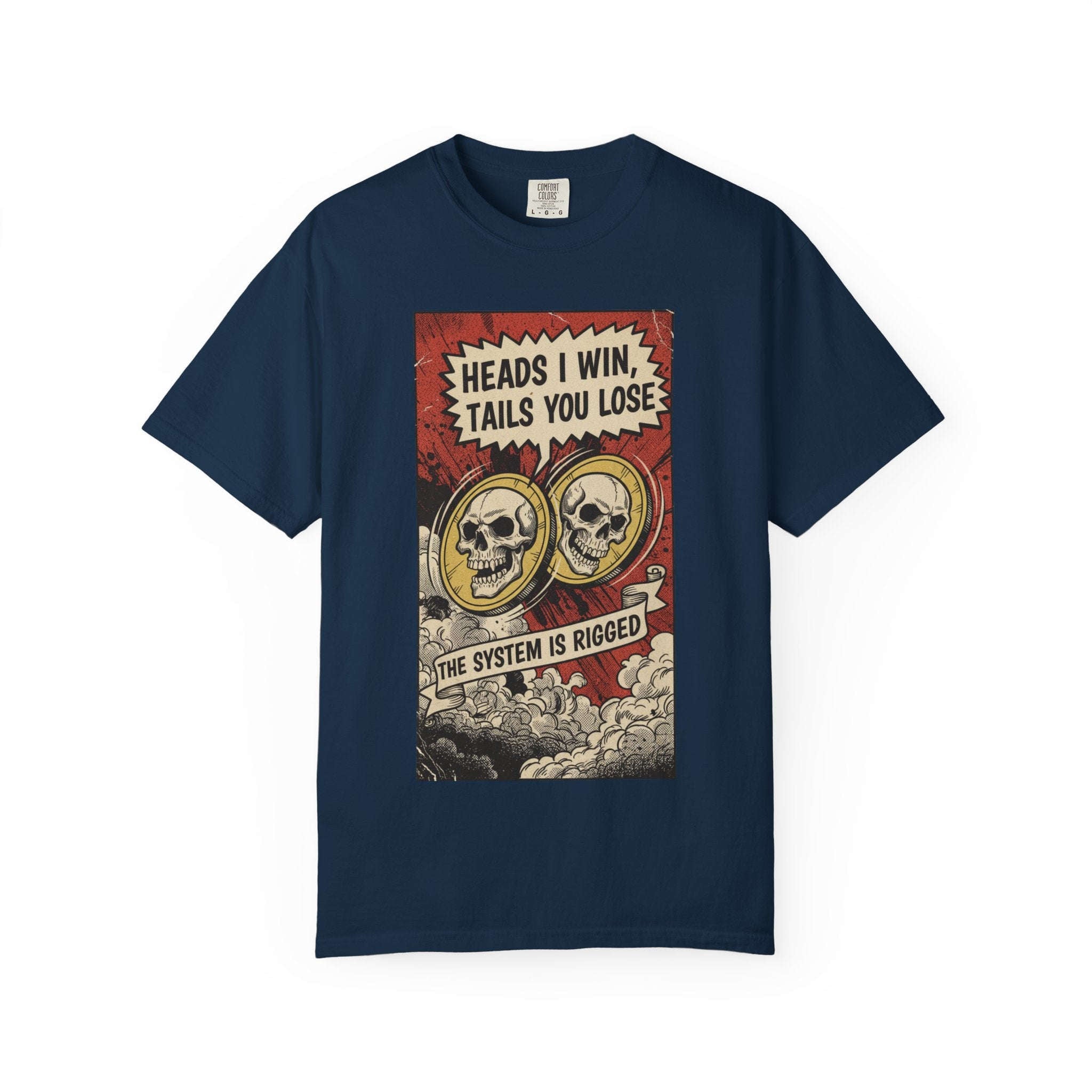 Vintage Satirical T-Shirt | Political Theater & System is Rigged Retro Tee | Sarcastic Dark Humor Shirt | Unisex Premium Cotton Graphic Tee True Navy