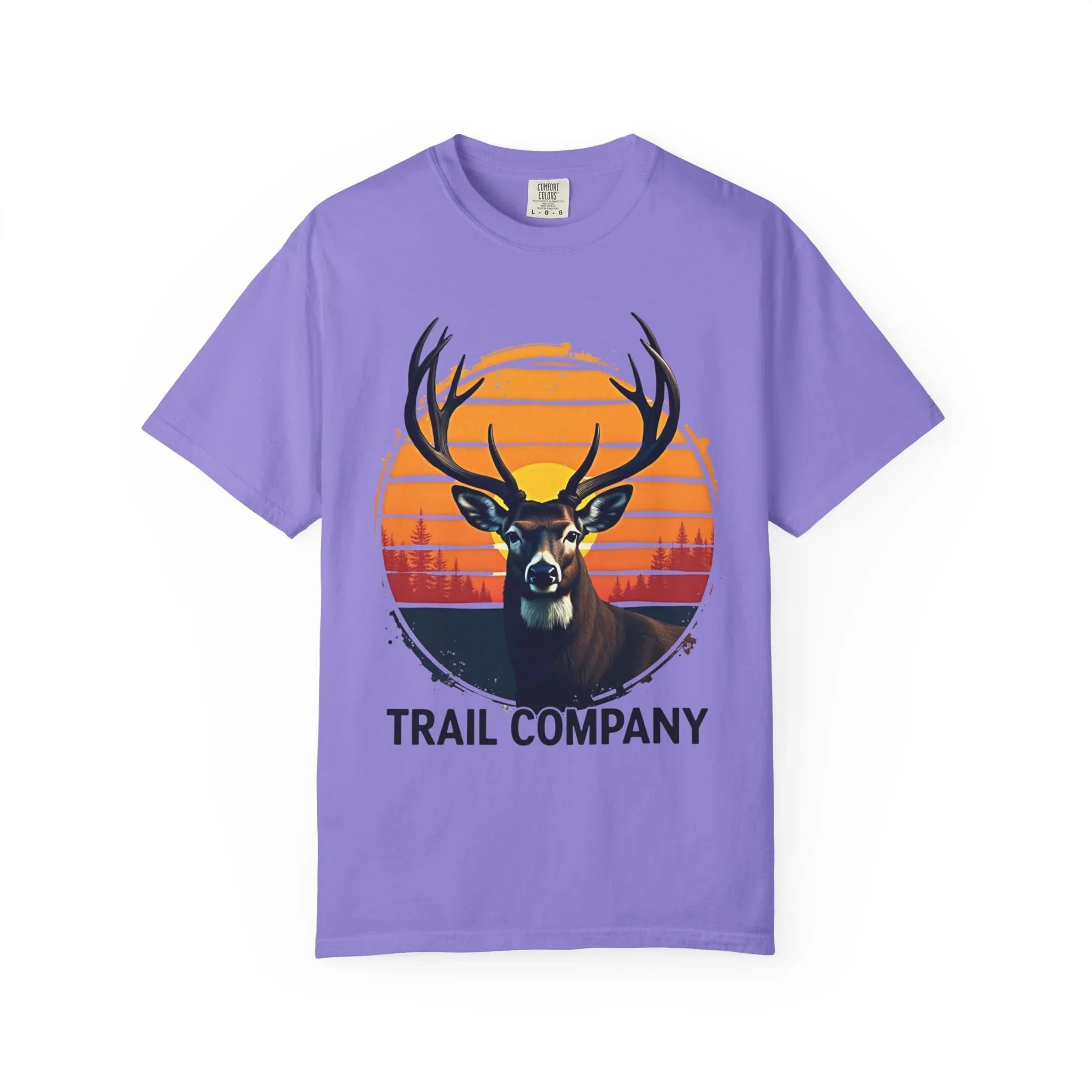 Vintage Sunset Deer Head Shirt, Trail Company Stag Tee, Retro Sunburst Outdoors T-Shirt, Hunting Hiking Camping Cabin Gift Violet