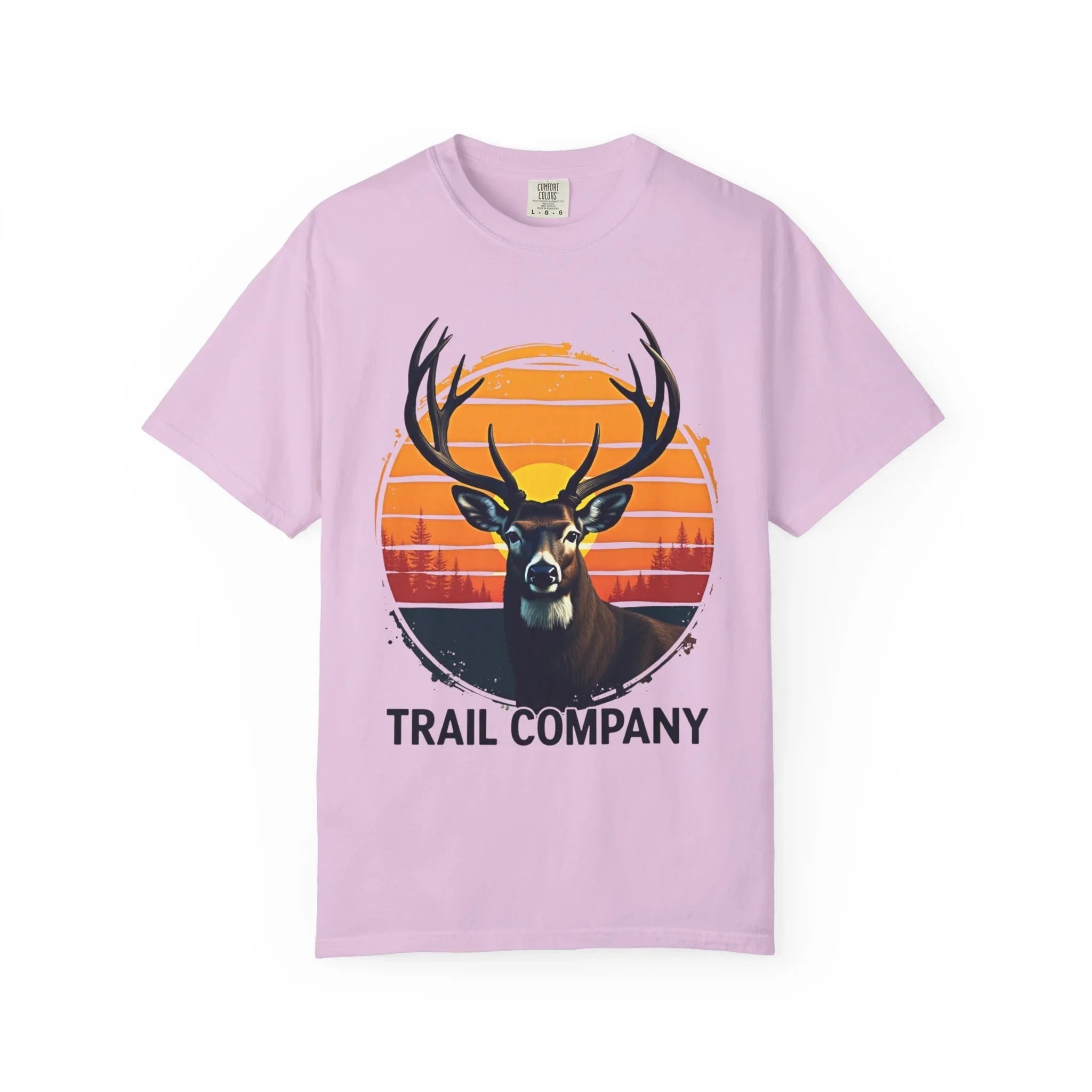 Vintage Sunset Deer Head Shirt, Trail Company Stag Tee, Retro Sunburst Outdoors T-Shirt, Hunting Hiking Camping Cabin Gift Orchid