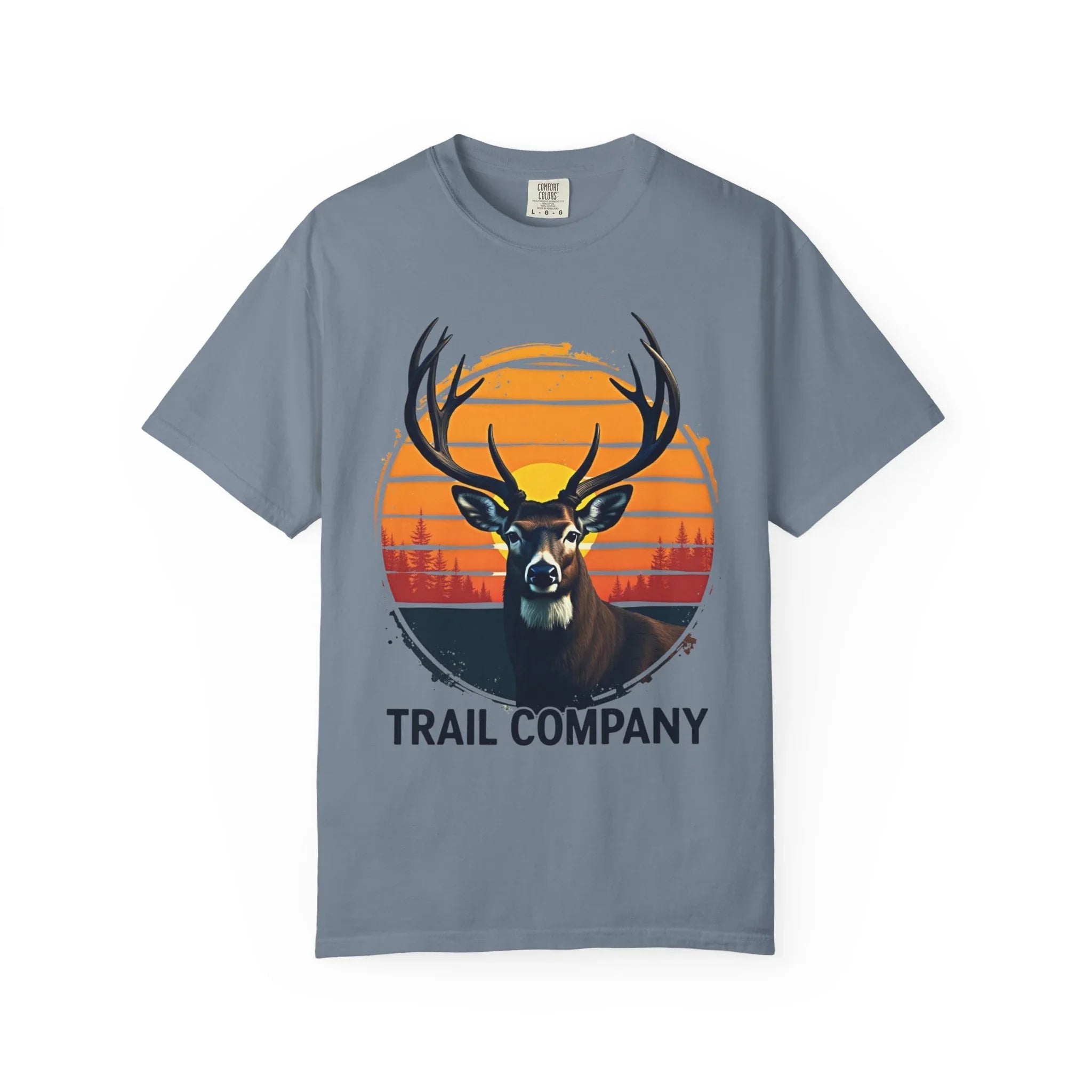 Vintage Sunset Deer Head Shirt, Trail Company Stag Tee, Retro Sunburst Outdoors T-Shirt, Hunting Hiking Camping Cabin Gift Blue Jean