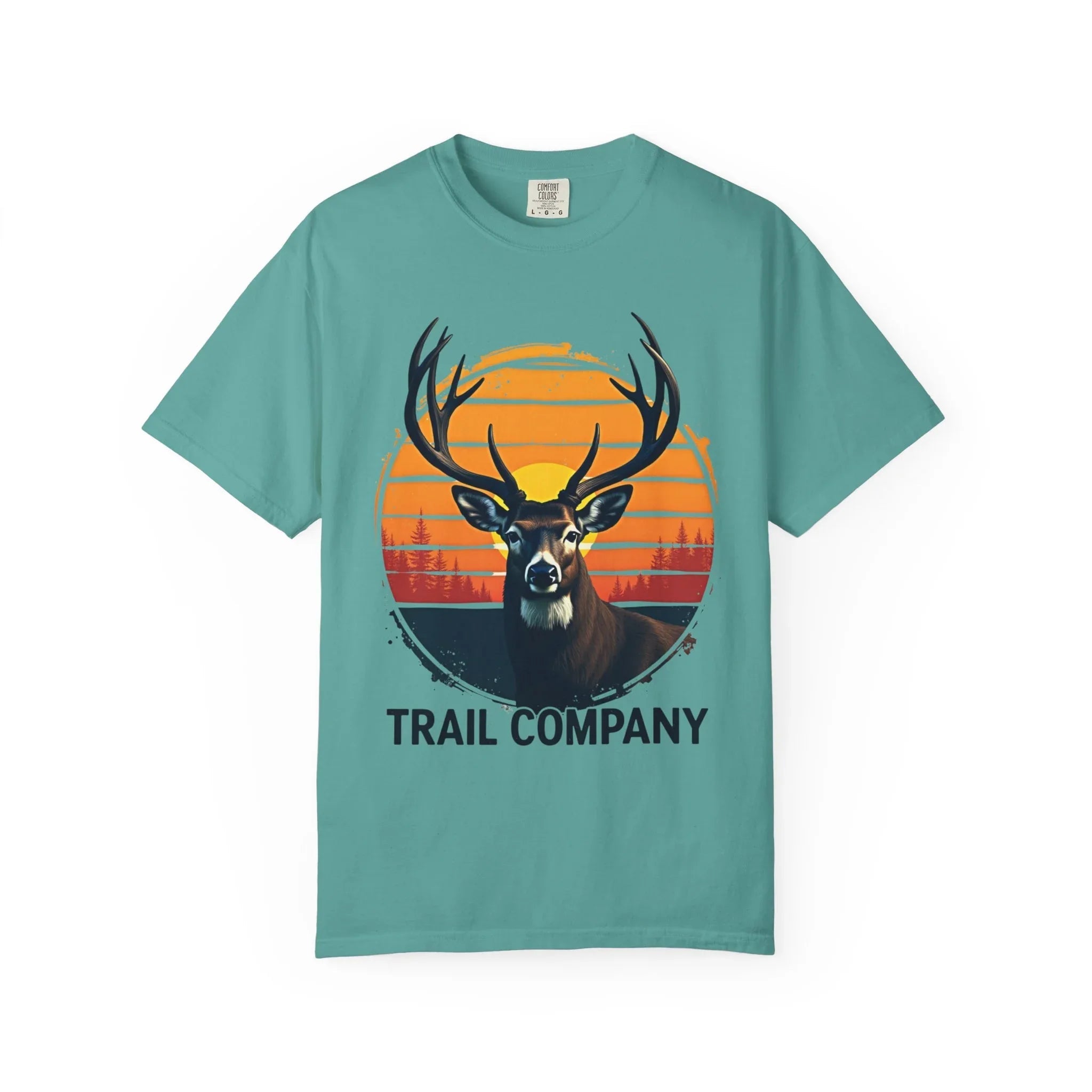 Vintage Sunset Deer Head Shirt, Trail Company Stag Tee, Retro Sunburst Outdoors T-Shirt, Hunting Hiking Camping Cabin Gift Seafoam