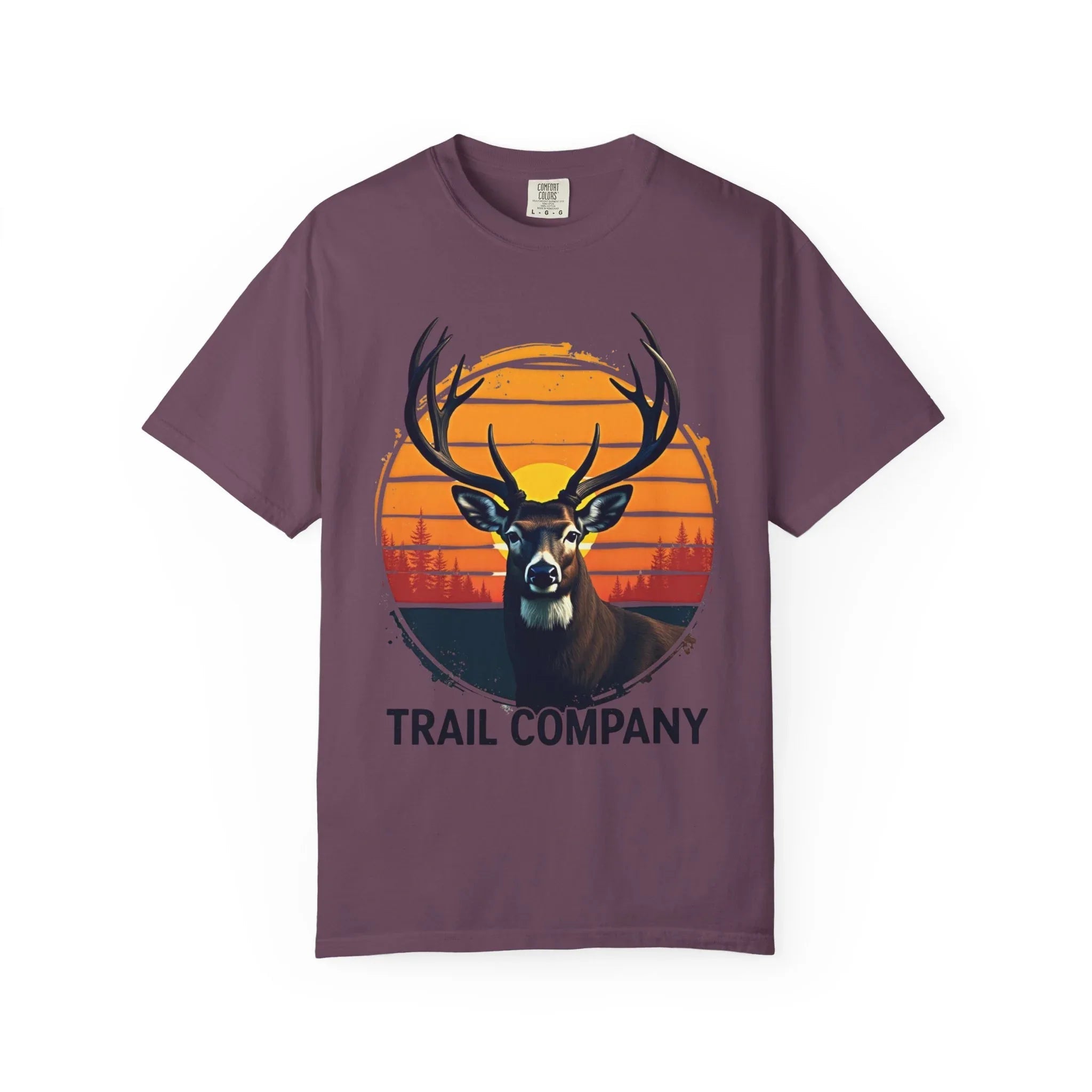 Vintage Sunset Deer Head Shirt, Trail Company Stag Tee, Retro Sunburst Outdoors T-Shirt, Hunting Hiking Camping Cabin Gift Berry M