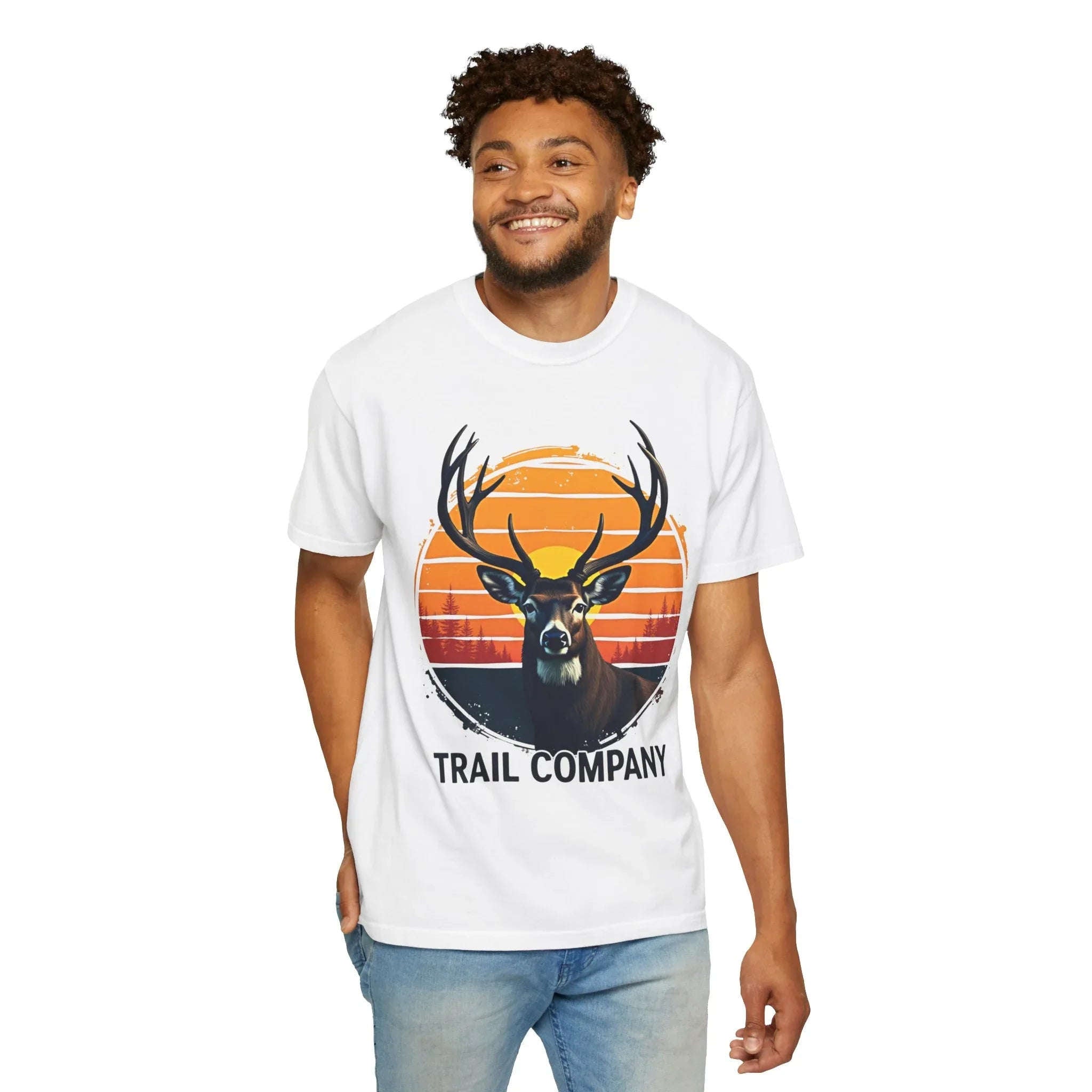 Vintage Sunset Deer Head Shirt, Trail Company Stag Tee, Retro Sunburst Outdoors T-Shirt, Hunting Hiking Camping Cabin Gift