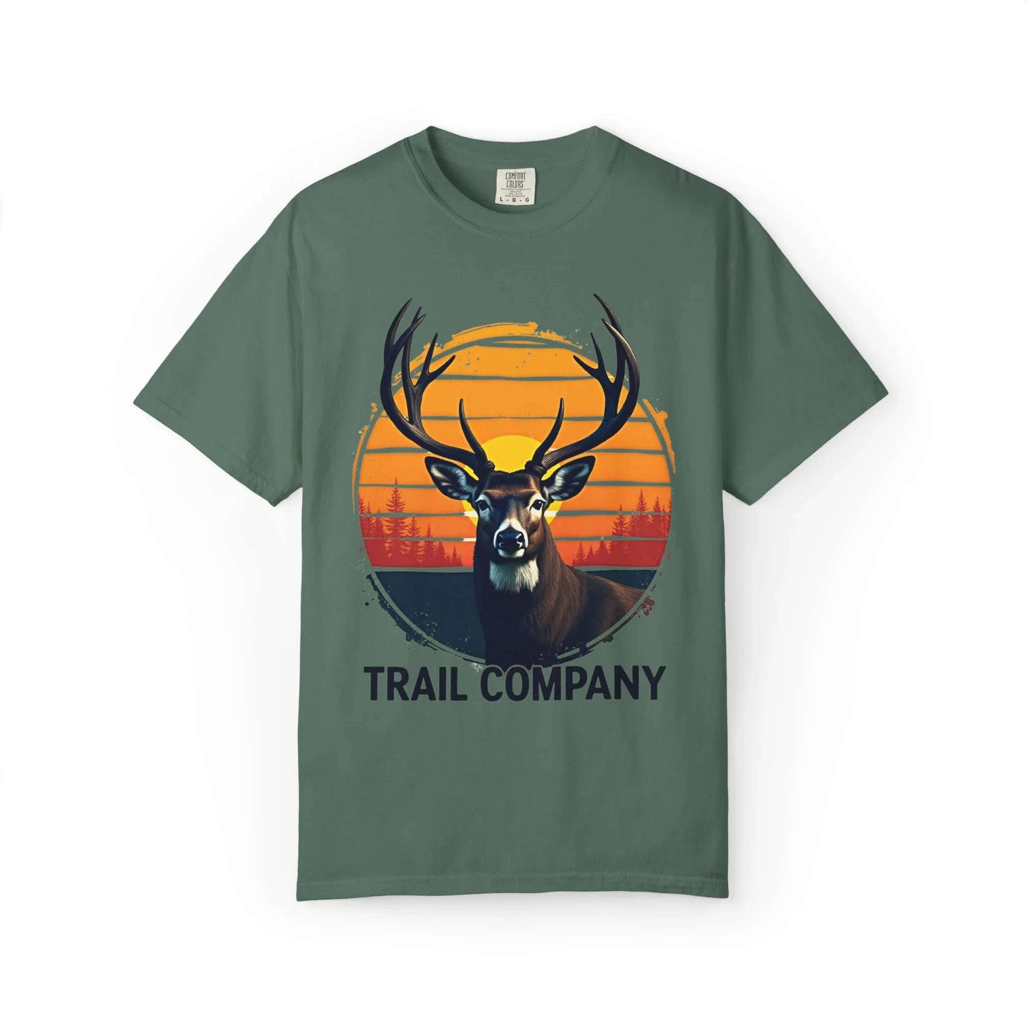 Vintage Sunset Deer Head Shirt, Trail Company Stag Tee, Retro Sunburst Outdoors T-Shirt, Hunting Hiking Camping Cabin Gift Blue Spruce