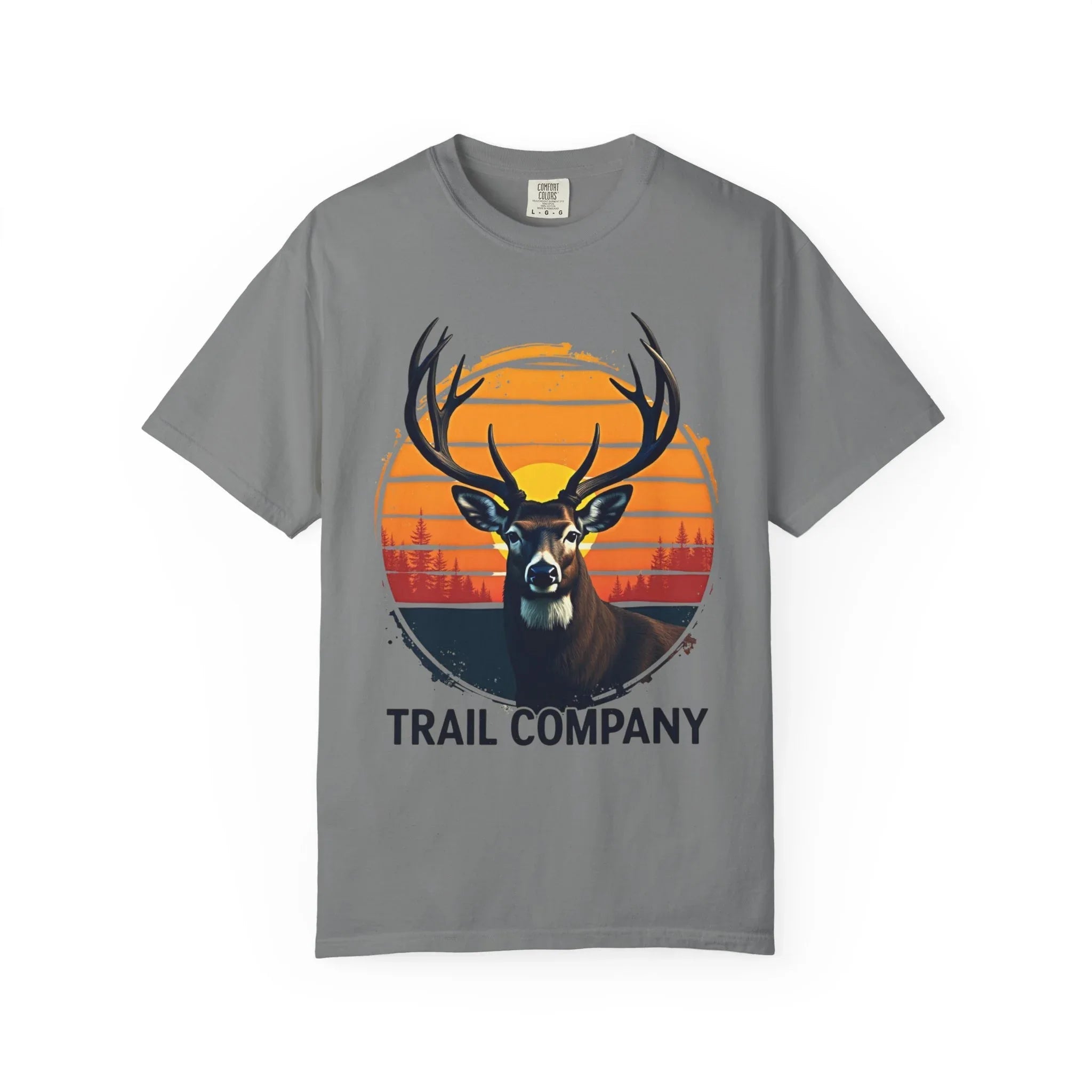 Vintage Sunset Deer Head Shirt, Trail Company Stag Tee, Retro Sunburst Outdoors T-Shirt, Hunting Hiking Camping Cabin Gift Grey