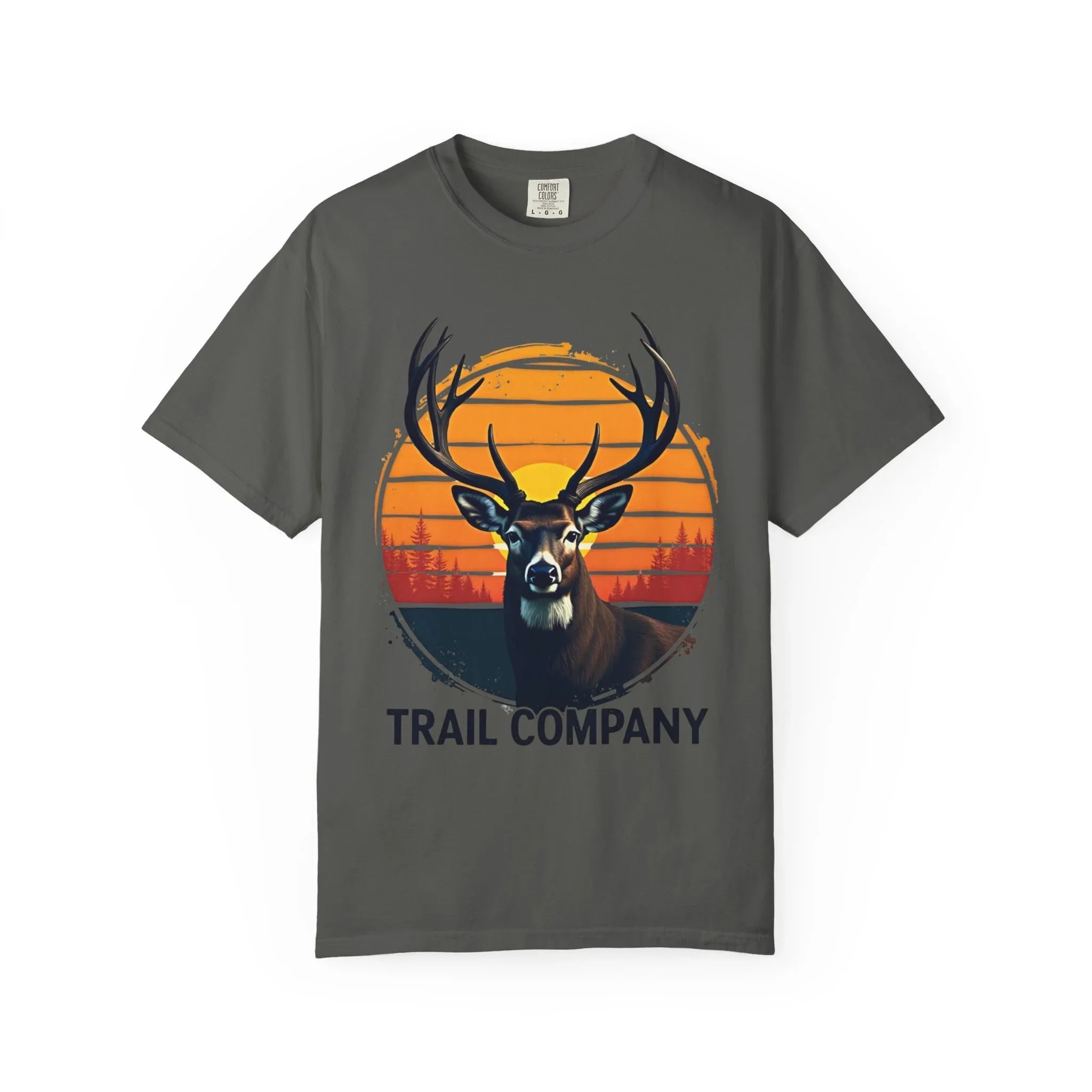 Vintage Sunset Deer Head Shirt, Trail Company Stag Tee, Retro Sunburst Outdoors T-Shirt, Hunting Hiking Camping Cabin Gift Pepper