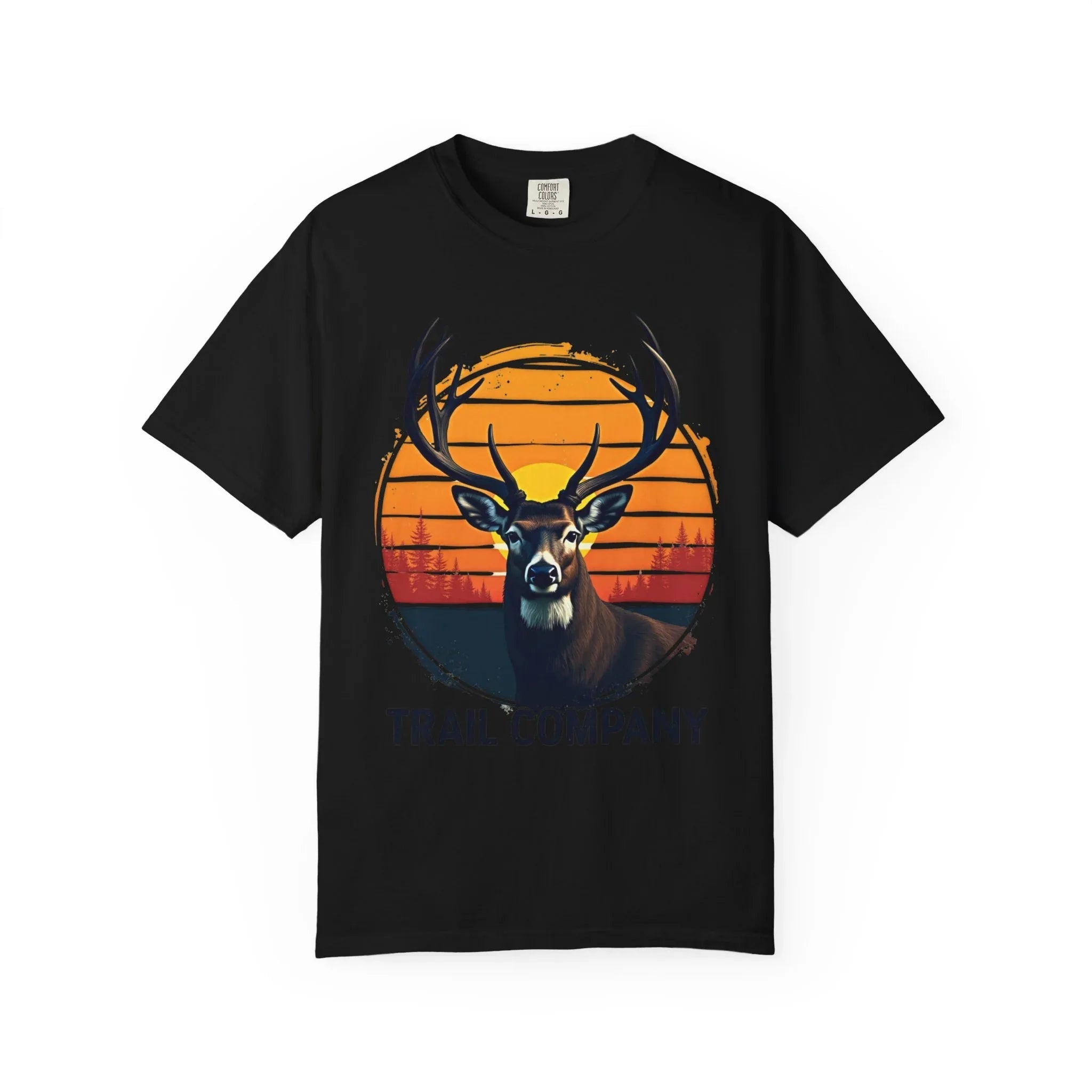 Vintage Sunset Deer Head Shirt, Trail Company Stag Tee, Retro Sunburst Outdoors T-Shirt, Hunting Hiking Camping Cabin Gift Black