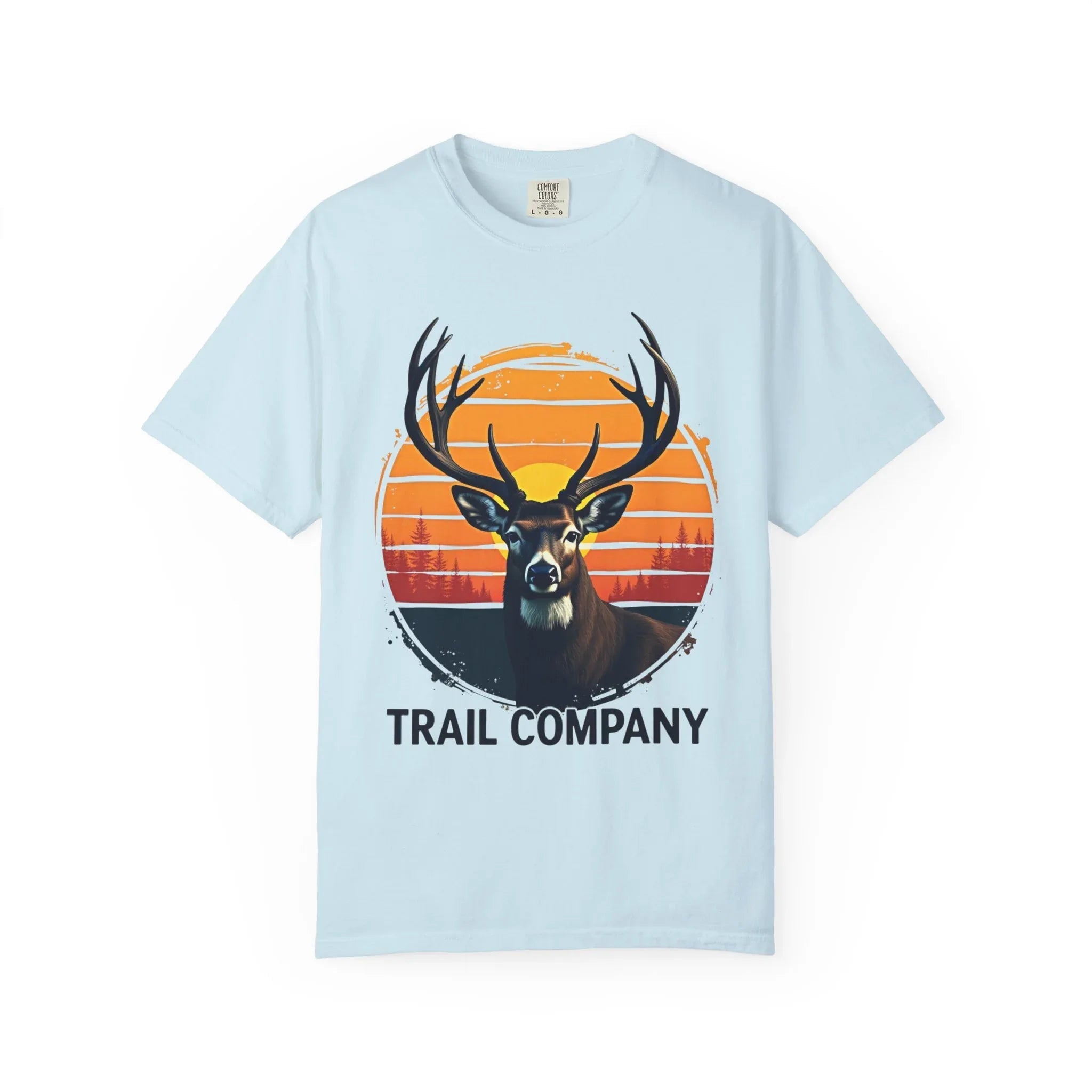 Vintage Sunset Deer Head Shirt, Trail Company Stag Tee, Retro Sunburst Outdoors T-Shirt, Hunting Hiking Camping Cabin Gift Chambray
