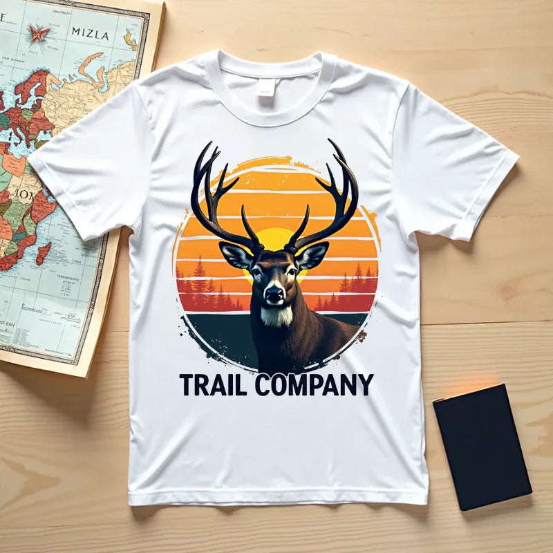 Vintage Sunset Deer Head Shirt, Trail Company Stag Tee, Retro Sunburst Outdoors T-Shirt, Hunting Hiking Camping Cabin Gift White