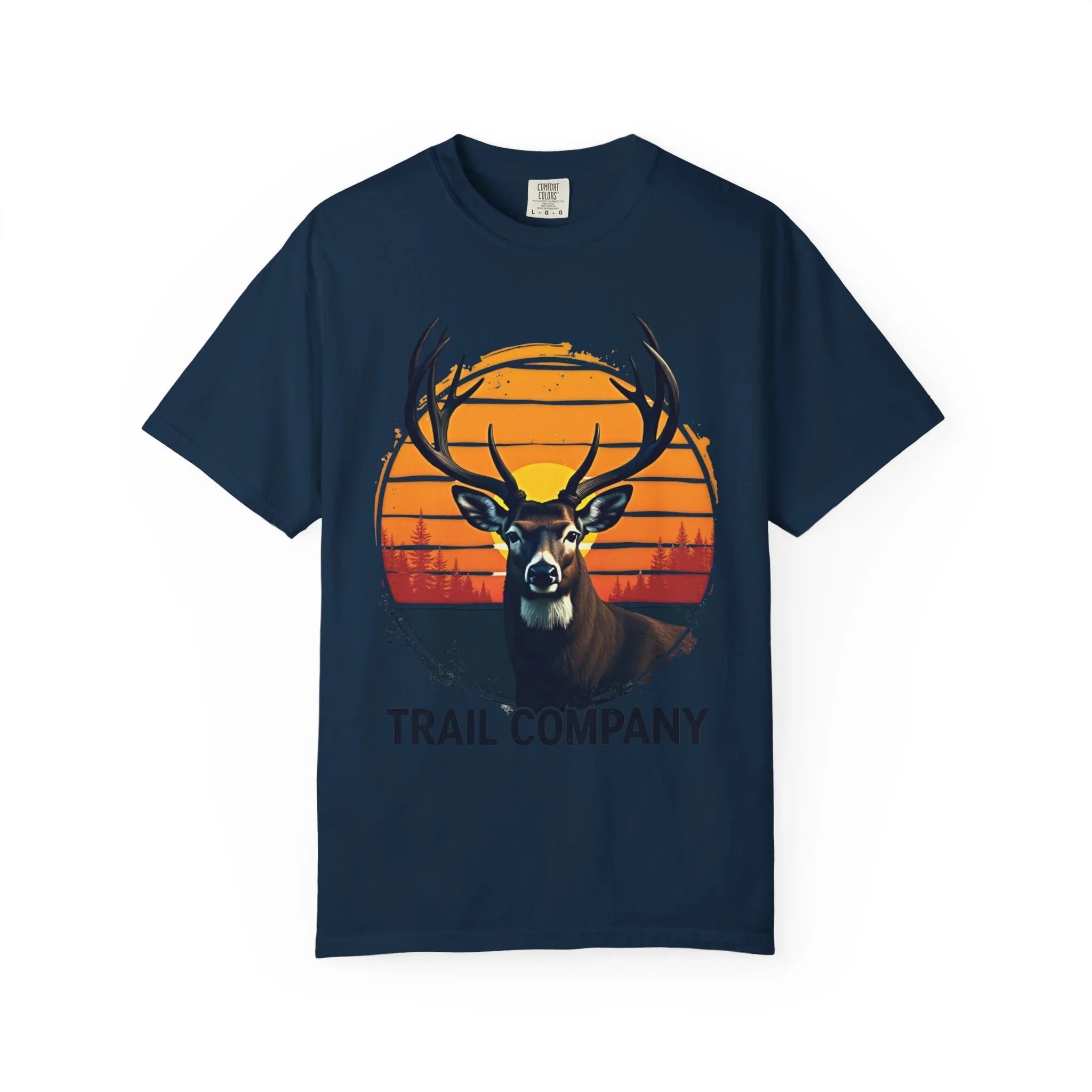 Vintage Sunset Deer Head Shirt, Trail Company Stag Tee, Retro Sunburst Outdoors T-Shirt, Hunting Hiking Camping Cabin Gift True Navy