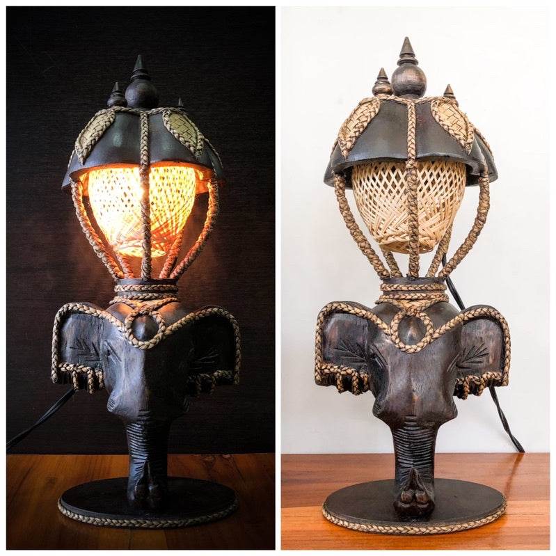 Vintage Thai home decor lamp featuring an elephant design with woven rattan and black base