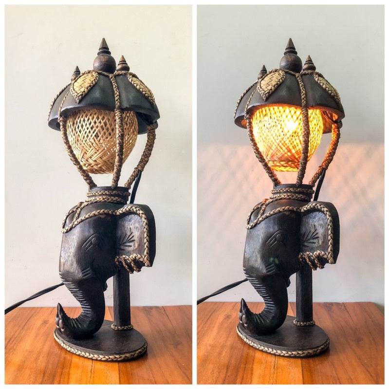 Vintage Thai home decor lamp shaped like a detailed elephant with woven light cover lit and unlit