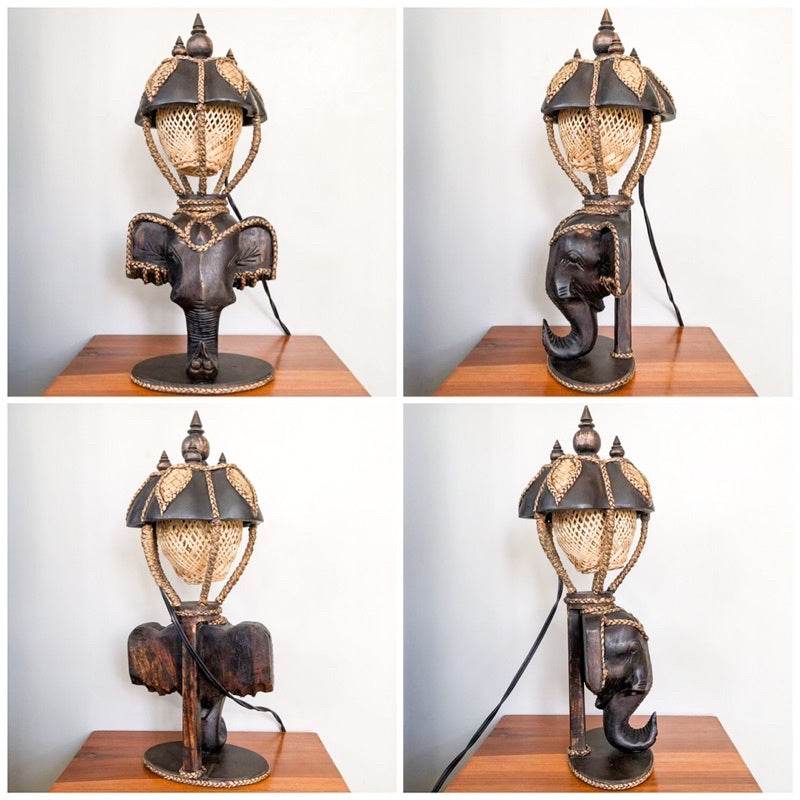 Vintage Thai home decor lamp featuring elephant design with intricate bronze and rattan details