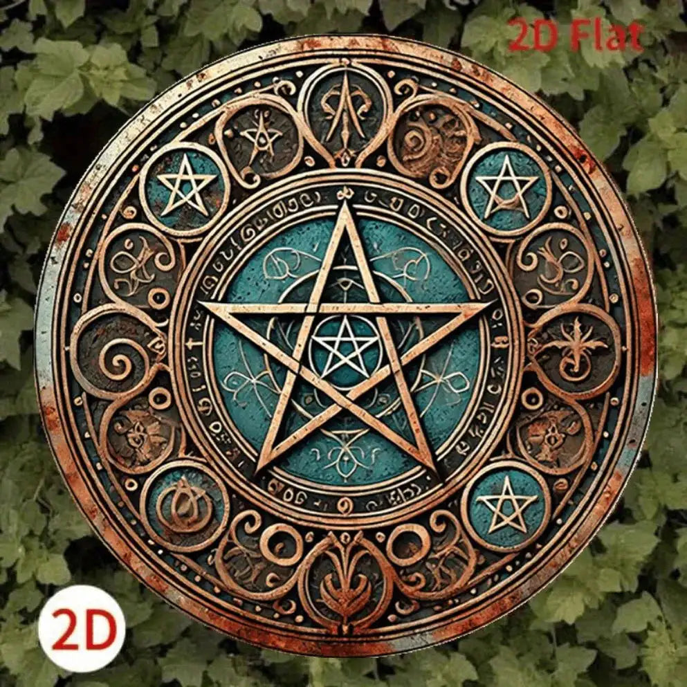 Vintage Wiccan Pentagram Metal Sign – 20x20 cm Carved Circular Plaque for Sacred Altar and Gothic Home Decoration