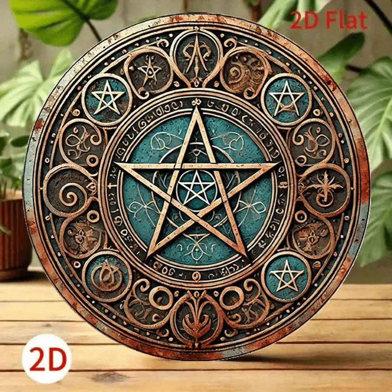 Vintage Wiccan Pentagram Metal Sign – 20x20 cm Carved Circular Plaque for Sacred Altar and Gothic Home Decoration