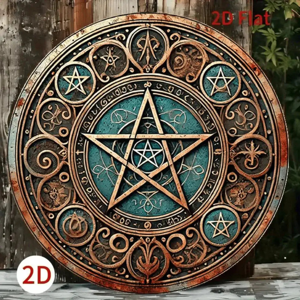 Vintage Wiccan Pentagram Metal Sign – 20x20 cm Carved Circular Plaque for Sacred Altar and Gothic Home Decoration
