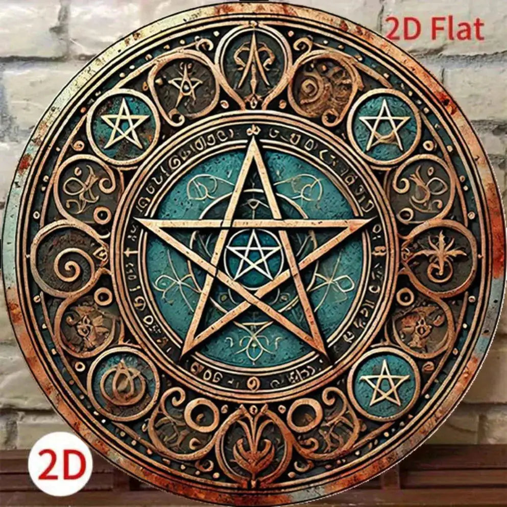 Vintage Wiccan Pentagram Metal Sign – 20x20 cm Carved Circular Plaque for Sacred Altar and Gothic Home Decoration