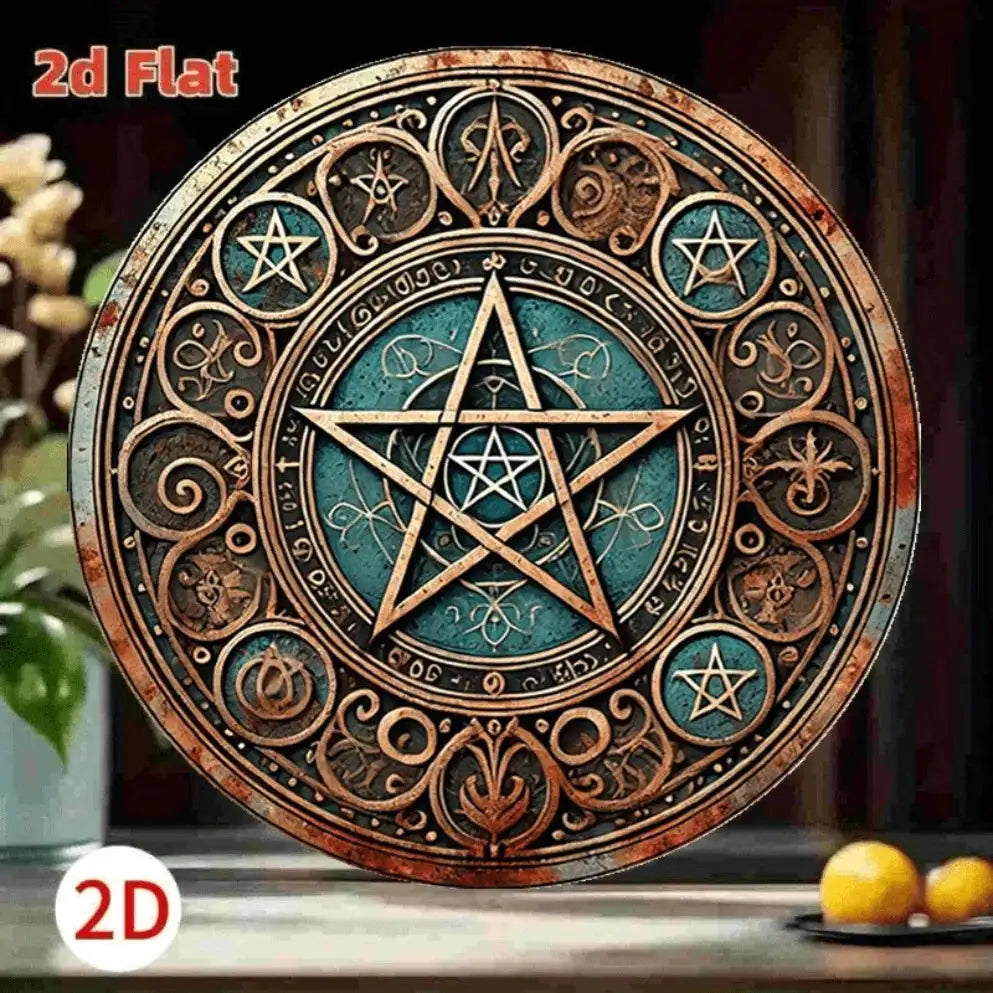 Vintage Wiccan Pentagram Metal Sign – 20x20 cm Carved Circular Plaque for Sacred Altar and Gothic Home Decoration