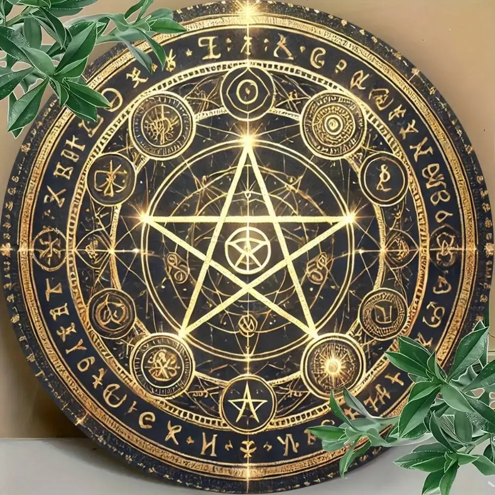 Vintage Witchcraft Pentagram Aluminum Wall Sign – 8x8 Inch Mystic Golden & Black Pentacle for Garden and Home Decor