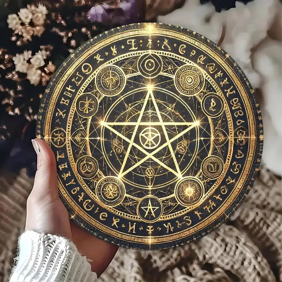 Vintage Witchcraft Pentagram Aluminum Wall Sign – 8x8 Inch Mystic Golden & Black Pentacle for Garden and Home Decor