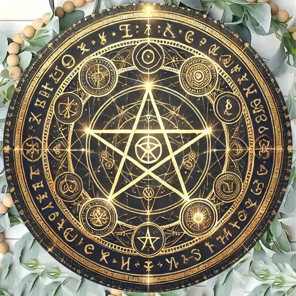 Vintage Witchcraft Pentagram Aluminum Wall Sign – 8x8 Inch Mystic Golden & Black Pentacle for Garden and Home Decor