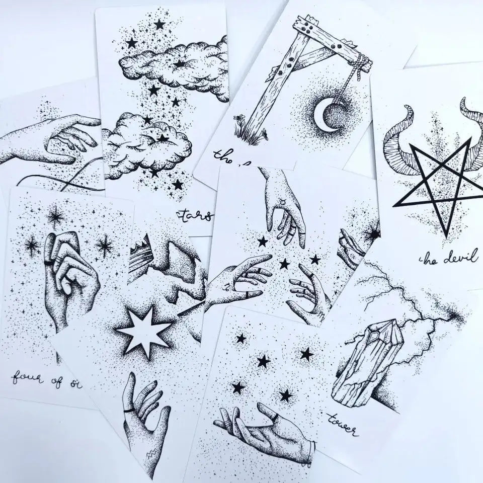 Wandering Moon Tarot Deck – 78 Cards with Indie Black & White Art, Compact 12 x 7 cm