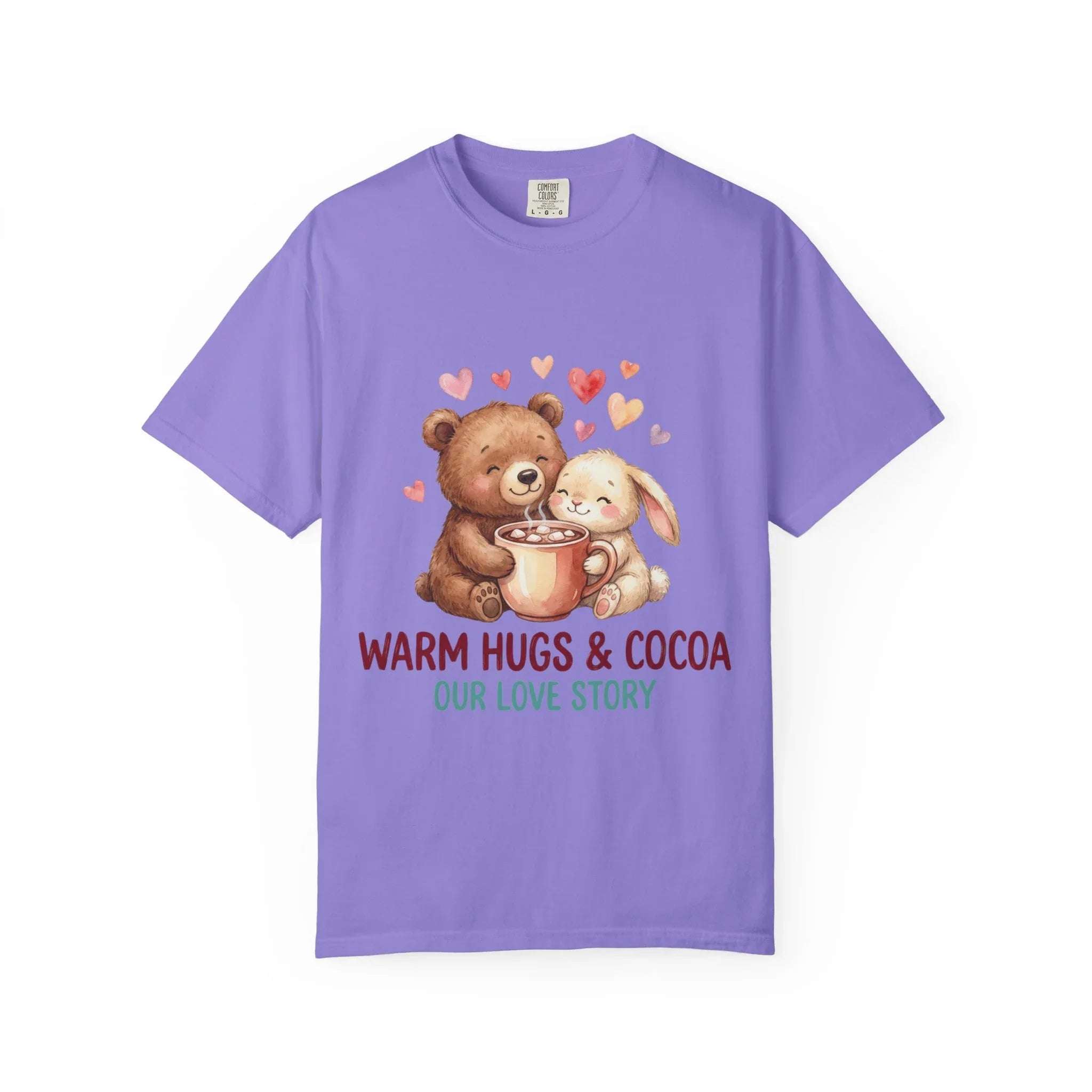 Warm Hugs and Cocoa Our Love Story T-Shirt | Bear Bunny Illustration | Cozy Winter Valentine Gift | Soft Vintage Storybook Tee Violet