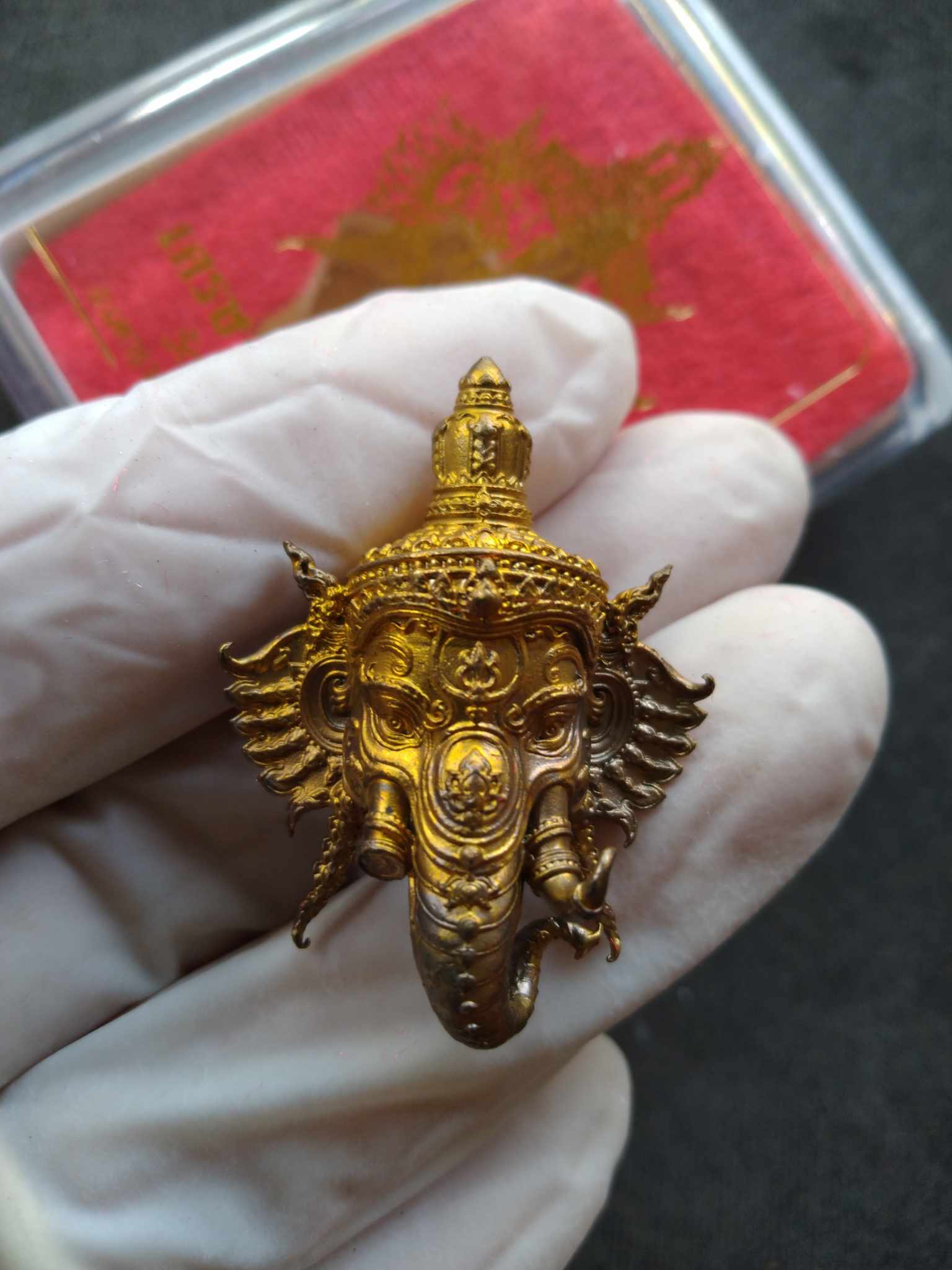 Gold Ganesha head amulet held in white gloved hand with red case backdrop Miracle of Wealth Ganesha amulet Thai Blessing Co