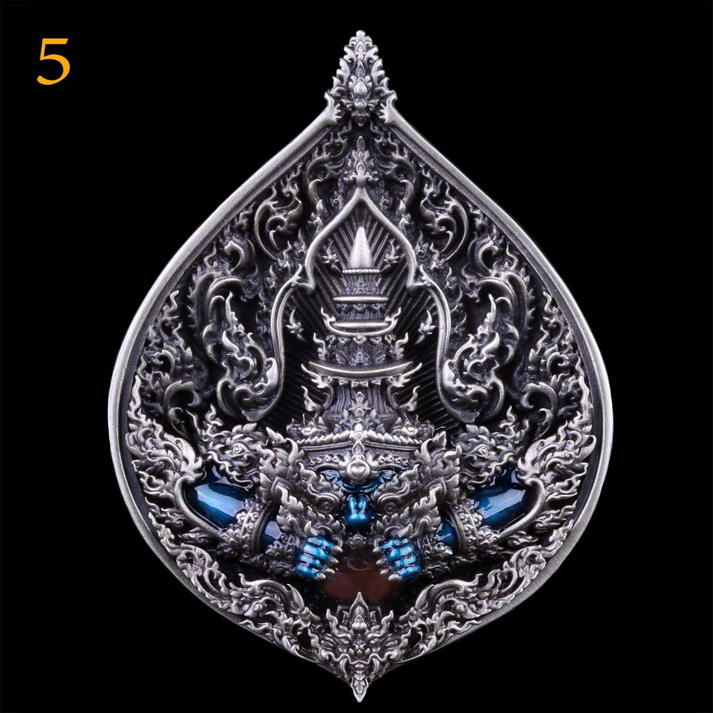 Phra Rahu amulet limited edition silver teardrop pendant with intricate Thai patterns and blue gemstone accents