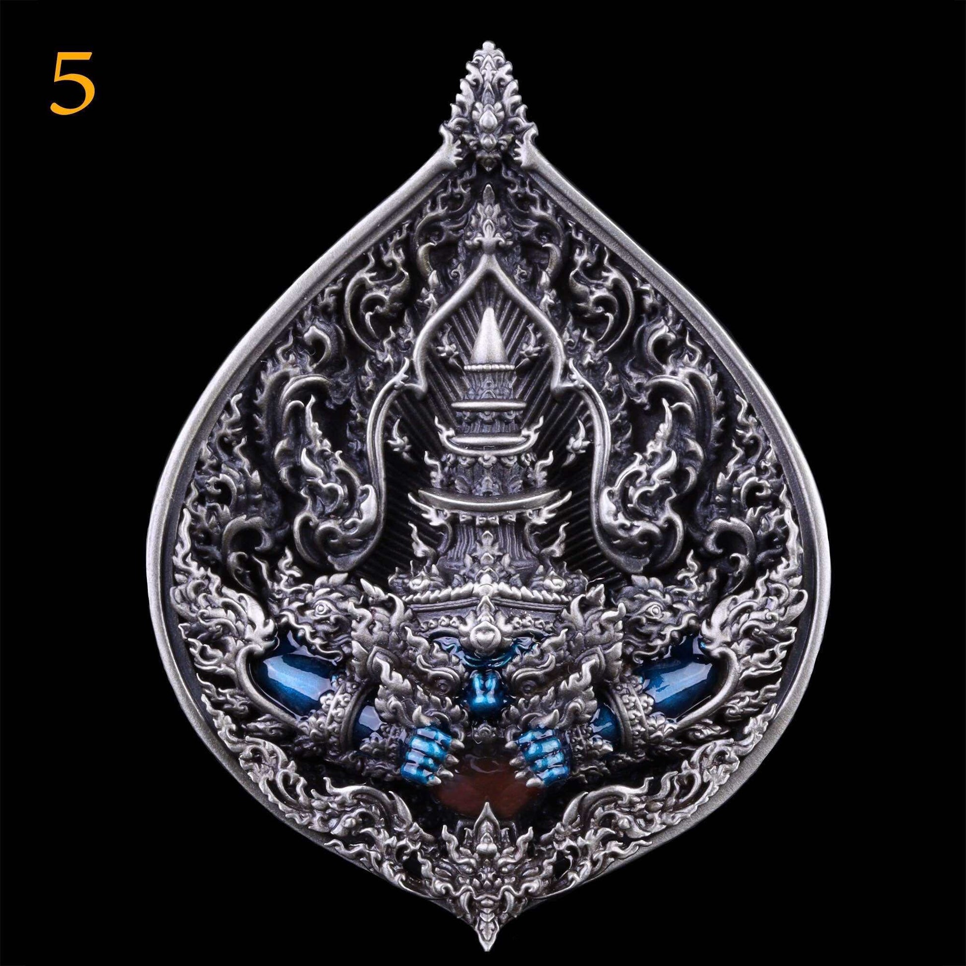 Phra Rahu amulet limited edition silver teardrop pendant with intricate Thai patterns and blue gemstone accents